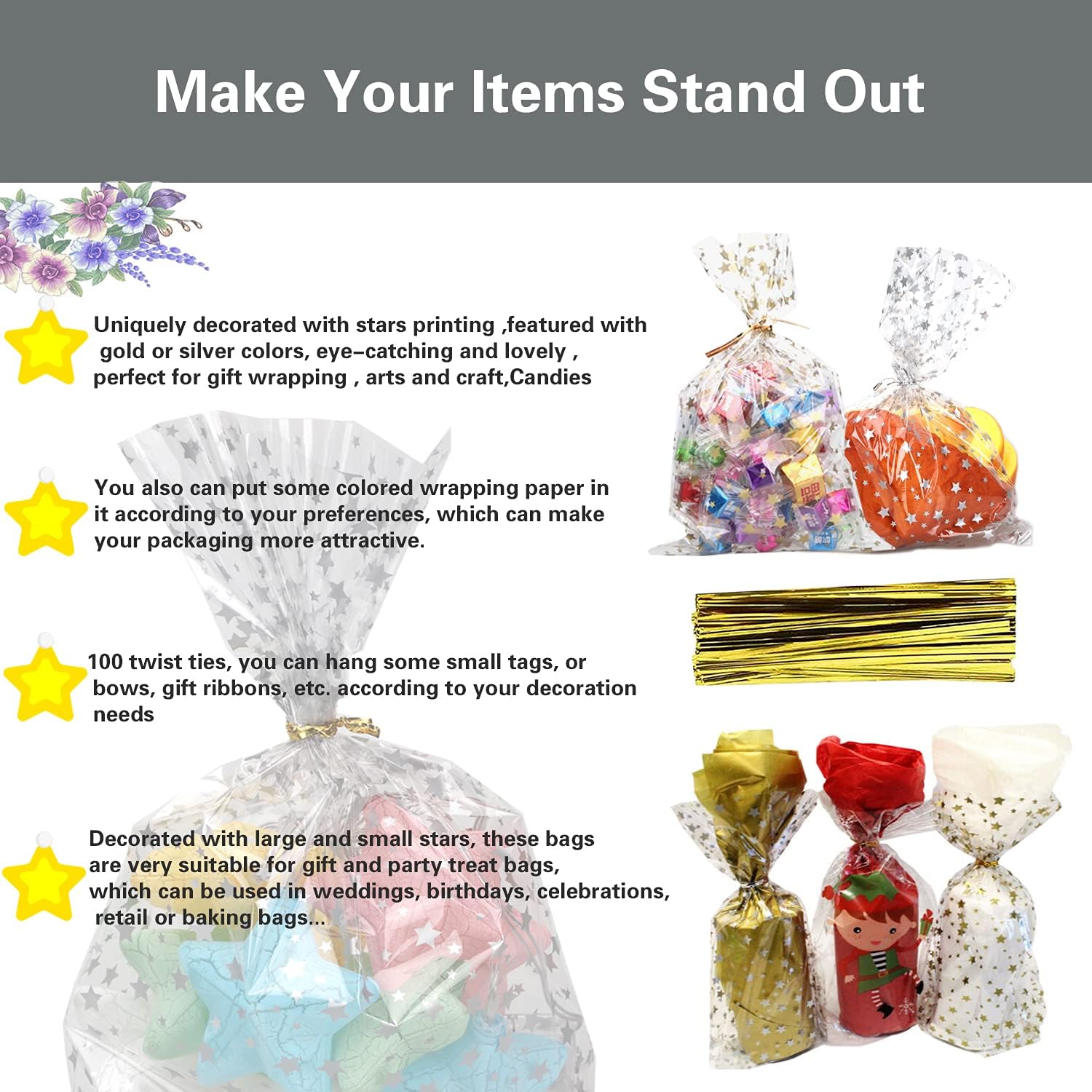 100 Pcs Gold Star 5X7 Gift Wrap Cello Bags