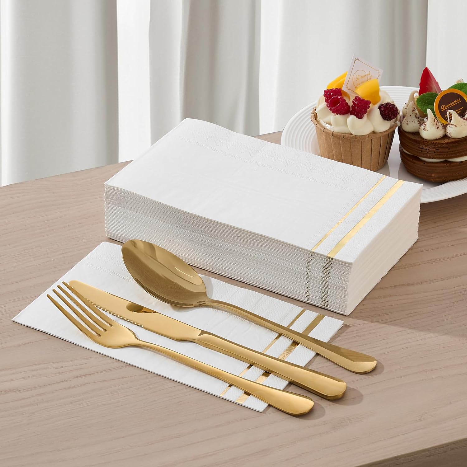 Tamone 100PCS 3-Ply Gold Napkins - Elegant White and Gold Disposable Dinner Napkins