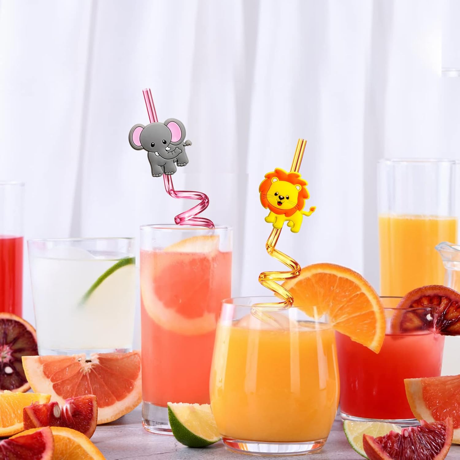 24 Reusable Jungle Animal Straws with Brushes
