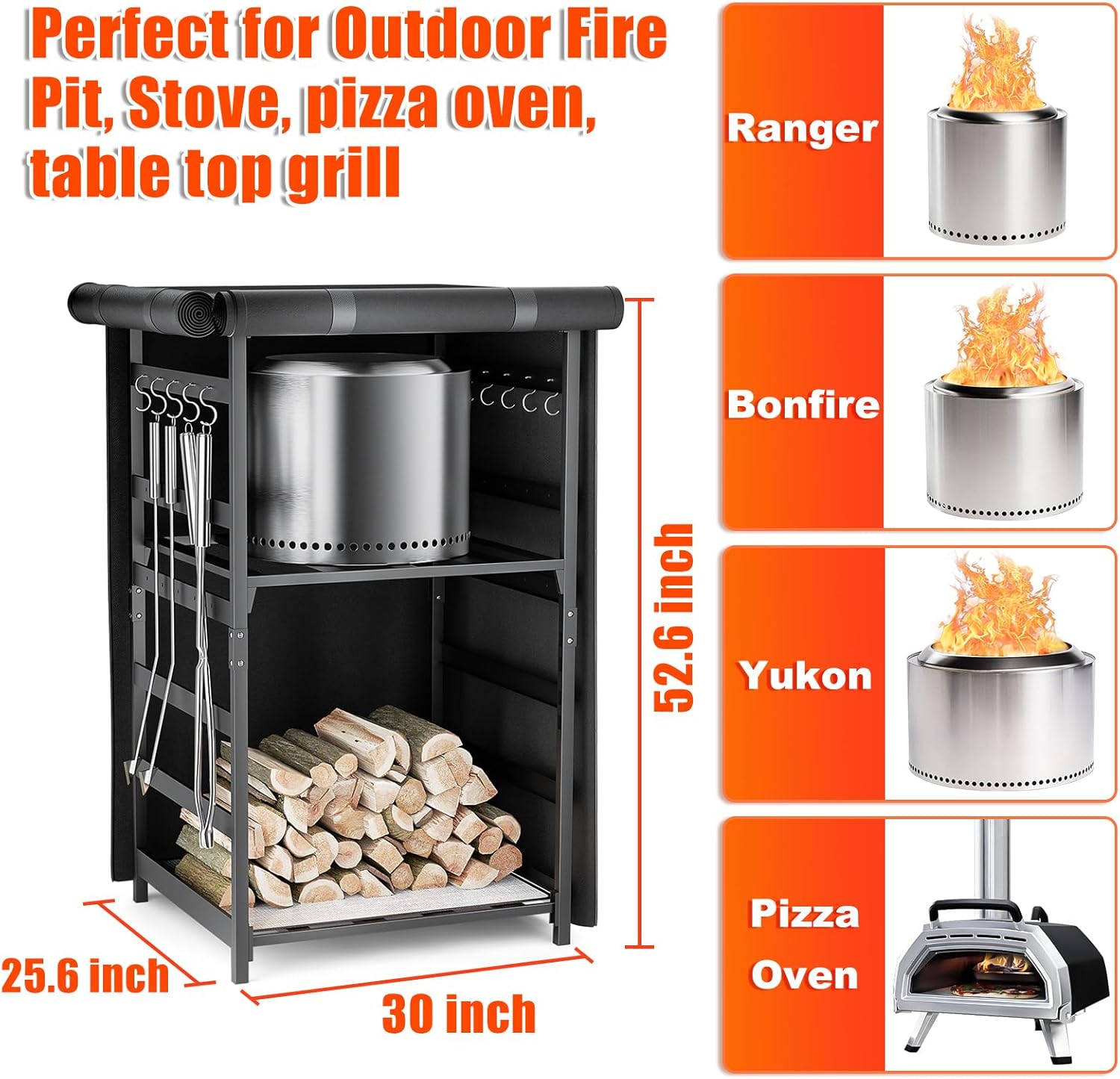 Adjustable Firewood Storage Rack for Solo Stove with Waterproof Cover