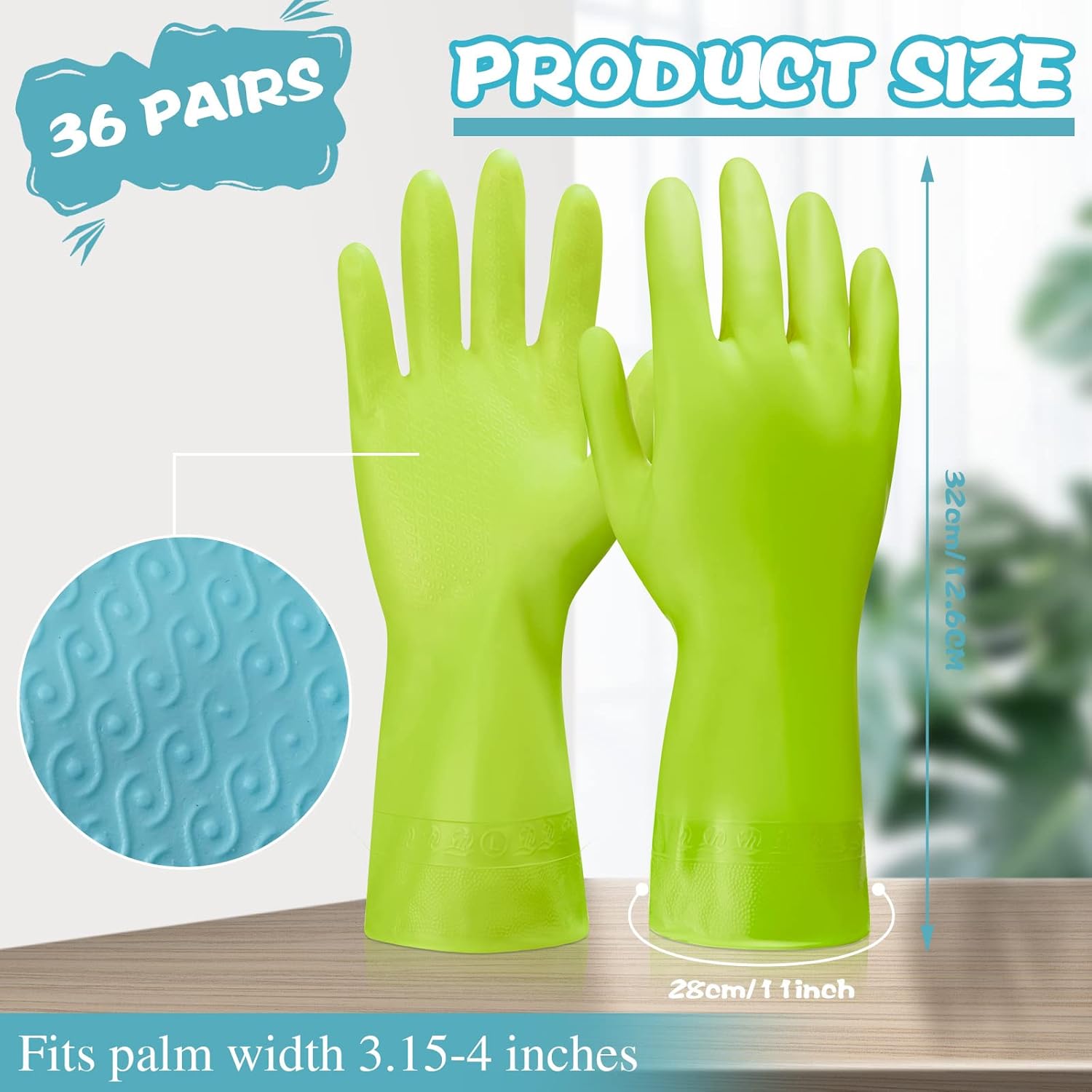 36 Pair Reusable Dishwashing Gloves with Non-Slip Design