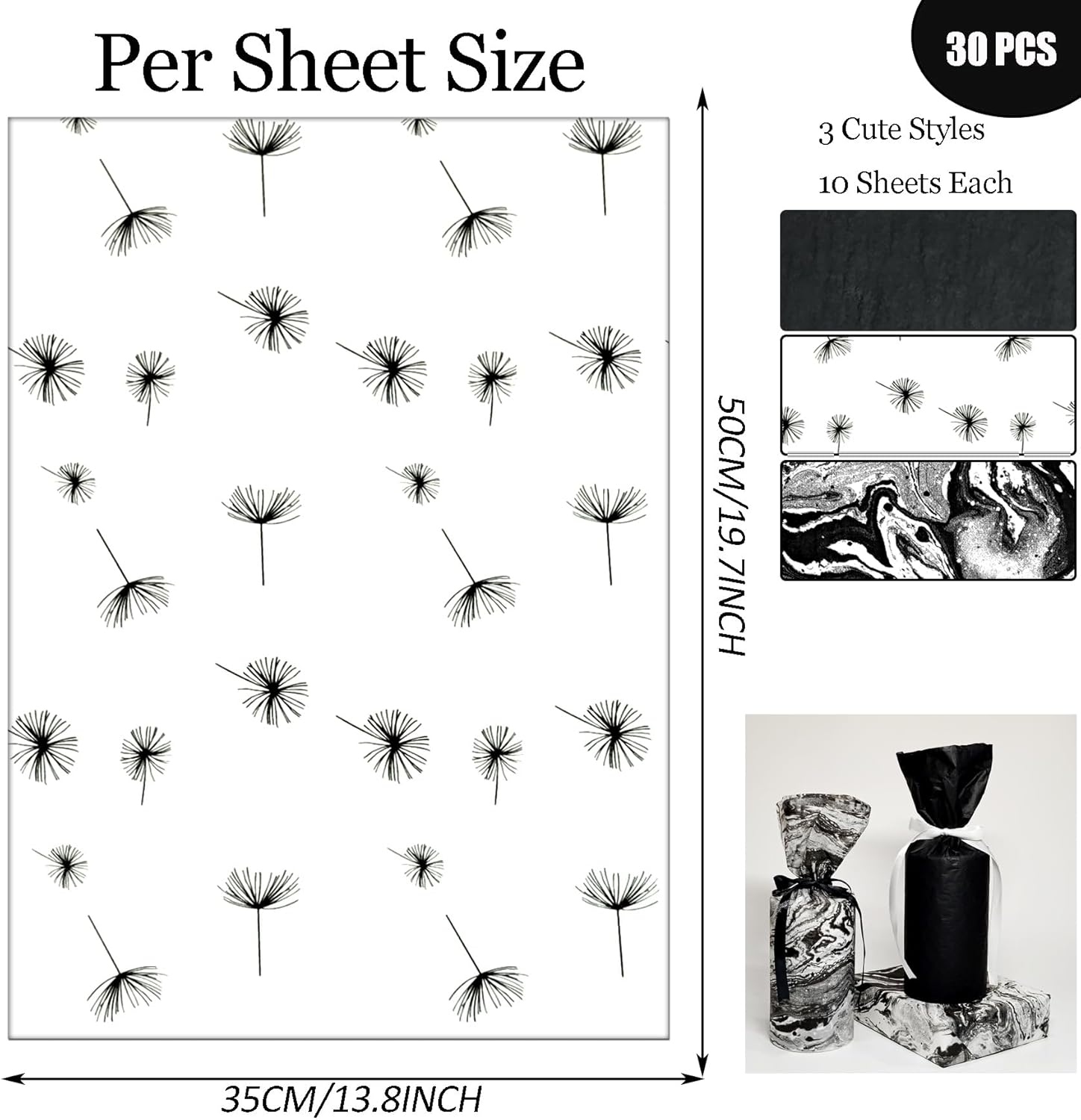 LIAPAWPAW 30 Sheet Black White Tissue Paper Wrapping