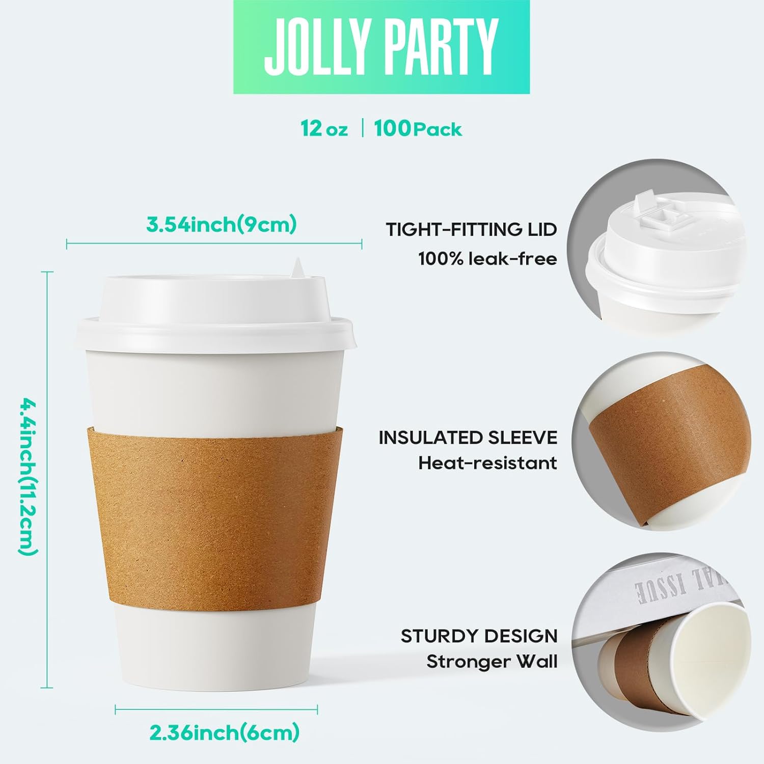 100 Pack 12oz Paper Coffee Cups with Lids and Sleeves