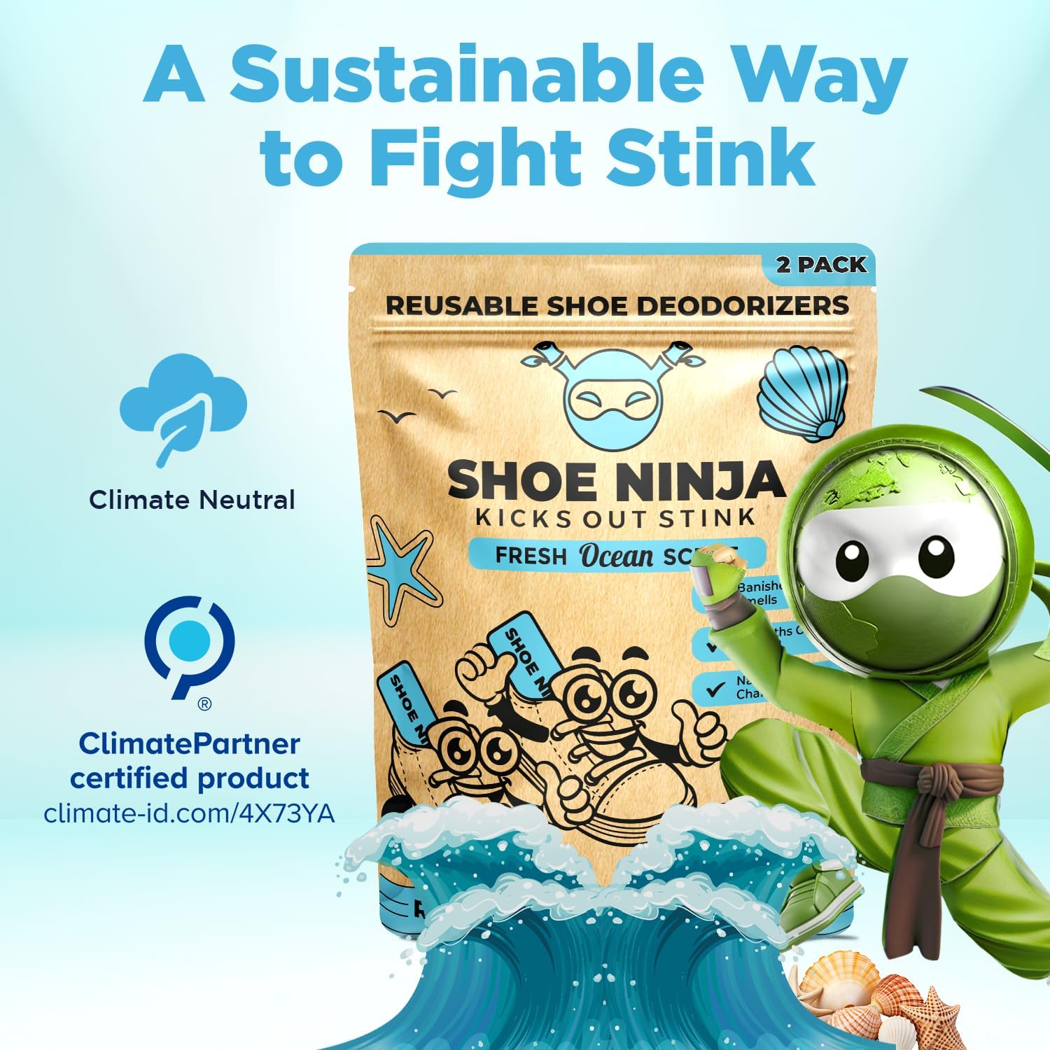 Shoe Ninja Deodorizer - Activated Charcoal Reusable 2 Pack