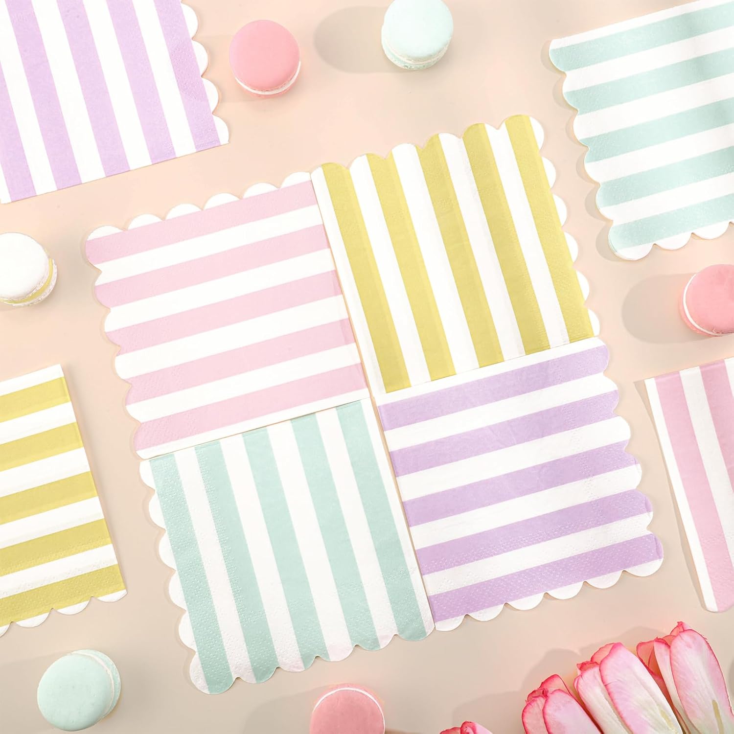 120 Pcs Striped Pastel Napkins 5x5 Inch Scalloped