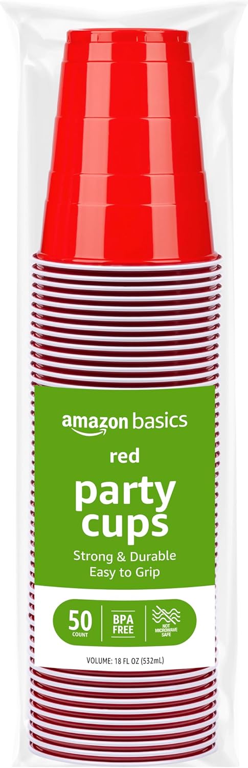 Amazon Basics Red Disposable Plastic Party Cups 18oz 50 Count