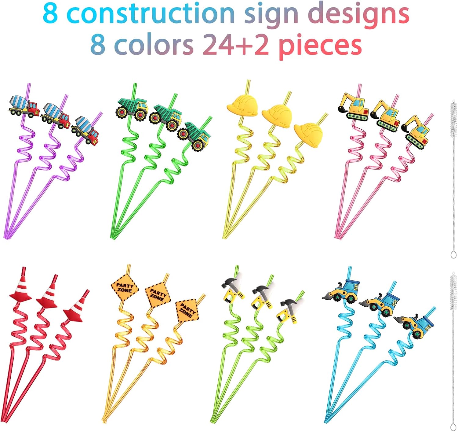 24 Reusable Plastic Straws with Construction Characters for Kids Party Favors
