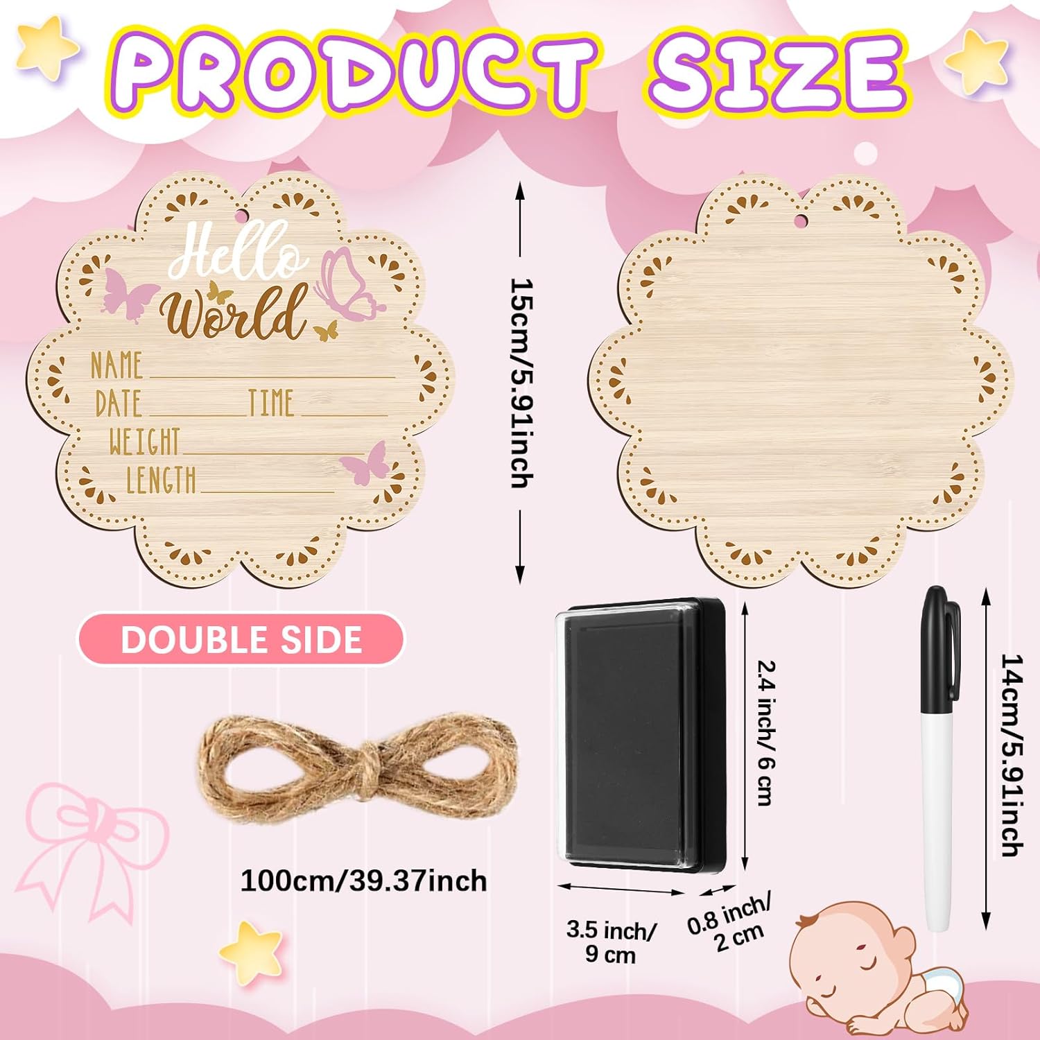 Thyle Baby Announcement Wooden Sign with Marker Pen and Ink Pad