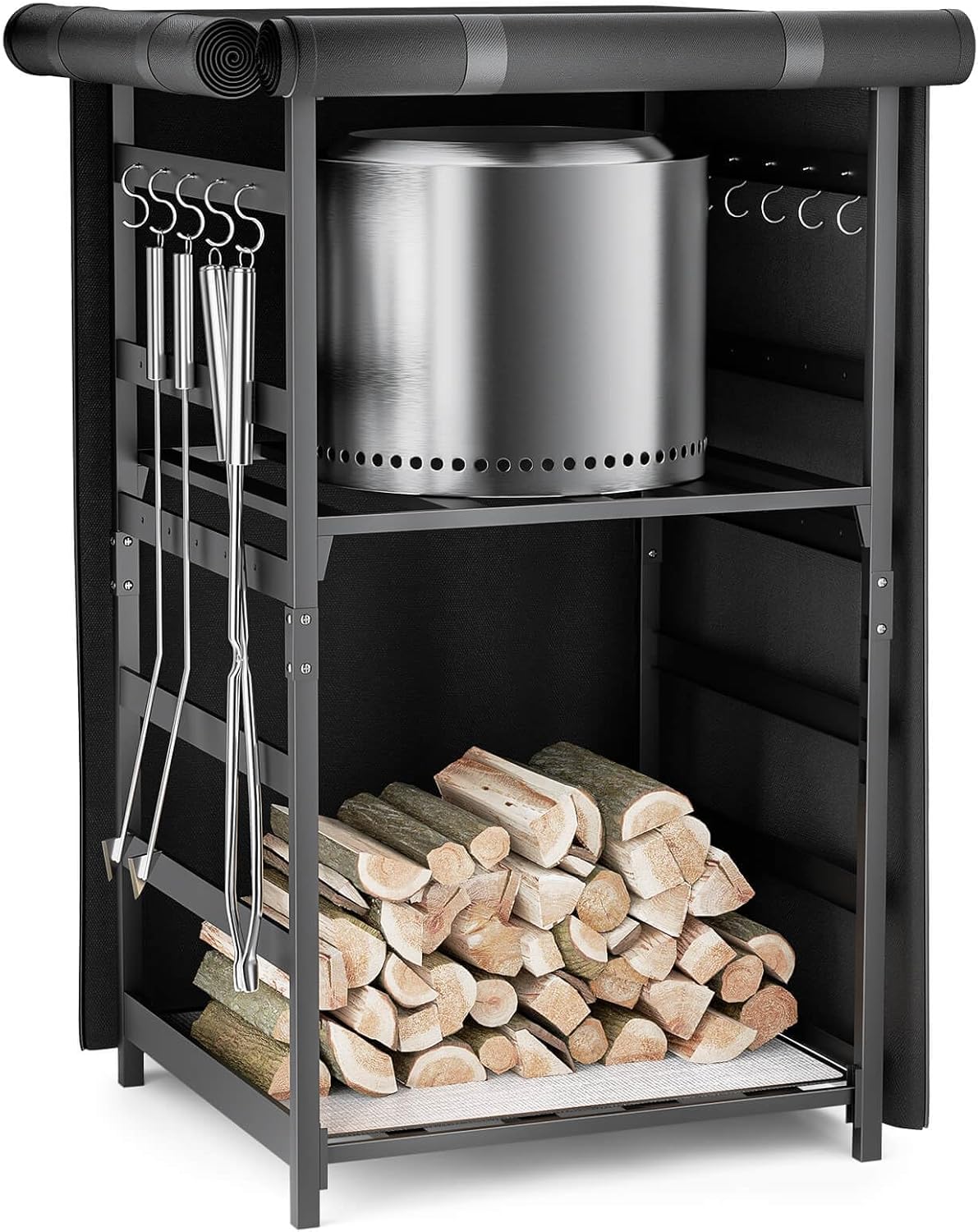 Adjustable Firewood Storage Rack for Solo Stove with Waterproof Cover