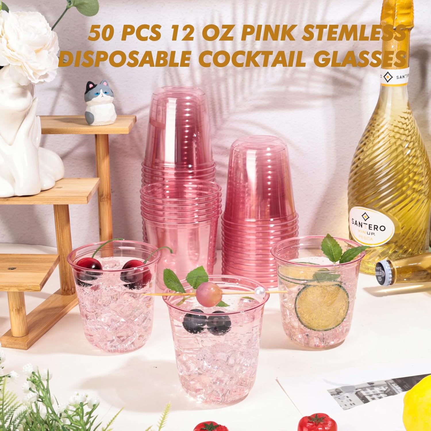KesaPlan 50 Pcs Pink Plastic Cups 12oz Wine Glasses