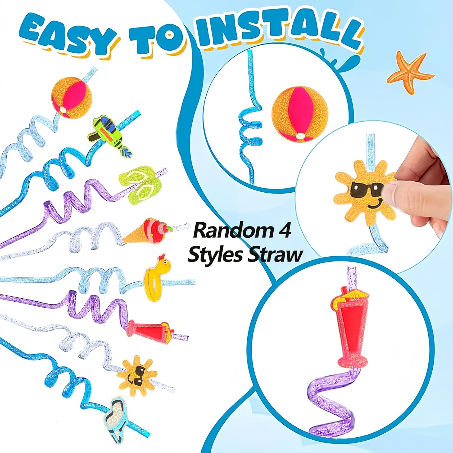 24 Glitter Drinking Straws with Beach Pattern and Brush