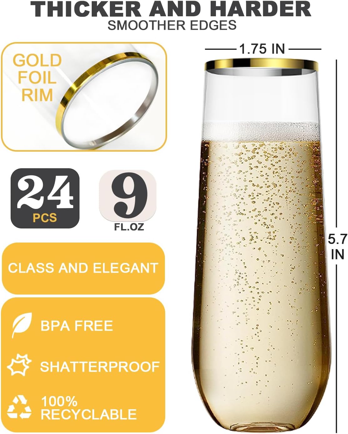 24 Piece Champagne Flutes Plastic Gold Rim Set