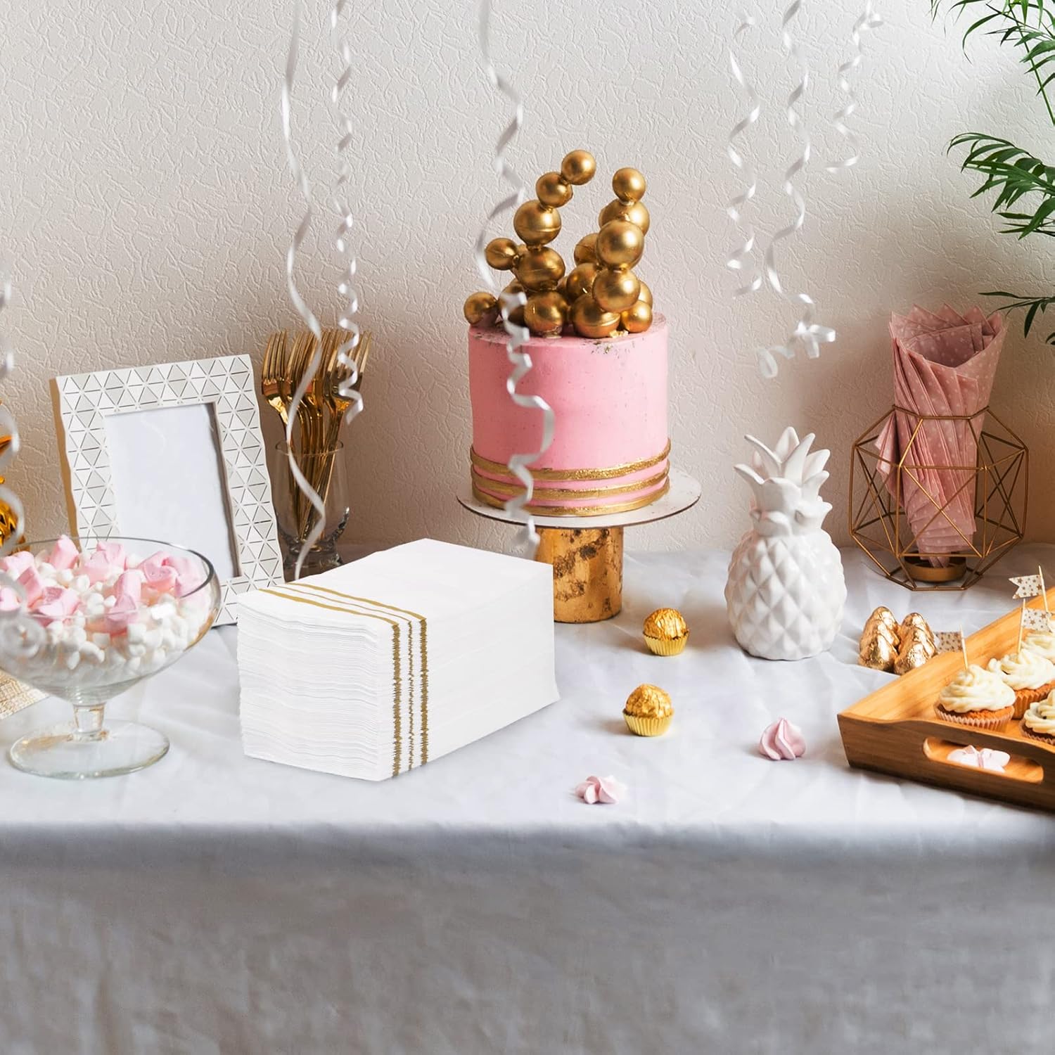 100 Pcs White and Gold Napkins for Parties and Events
