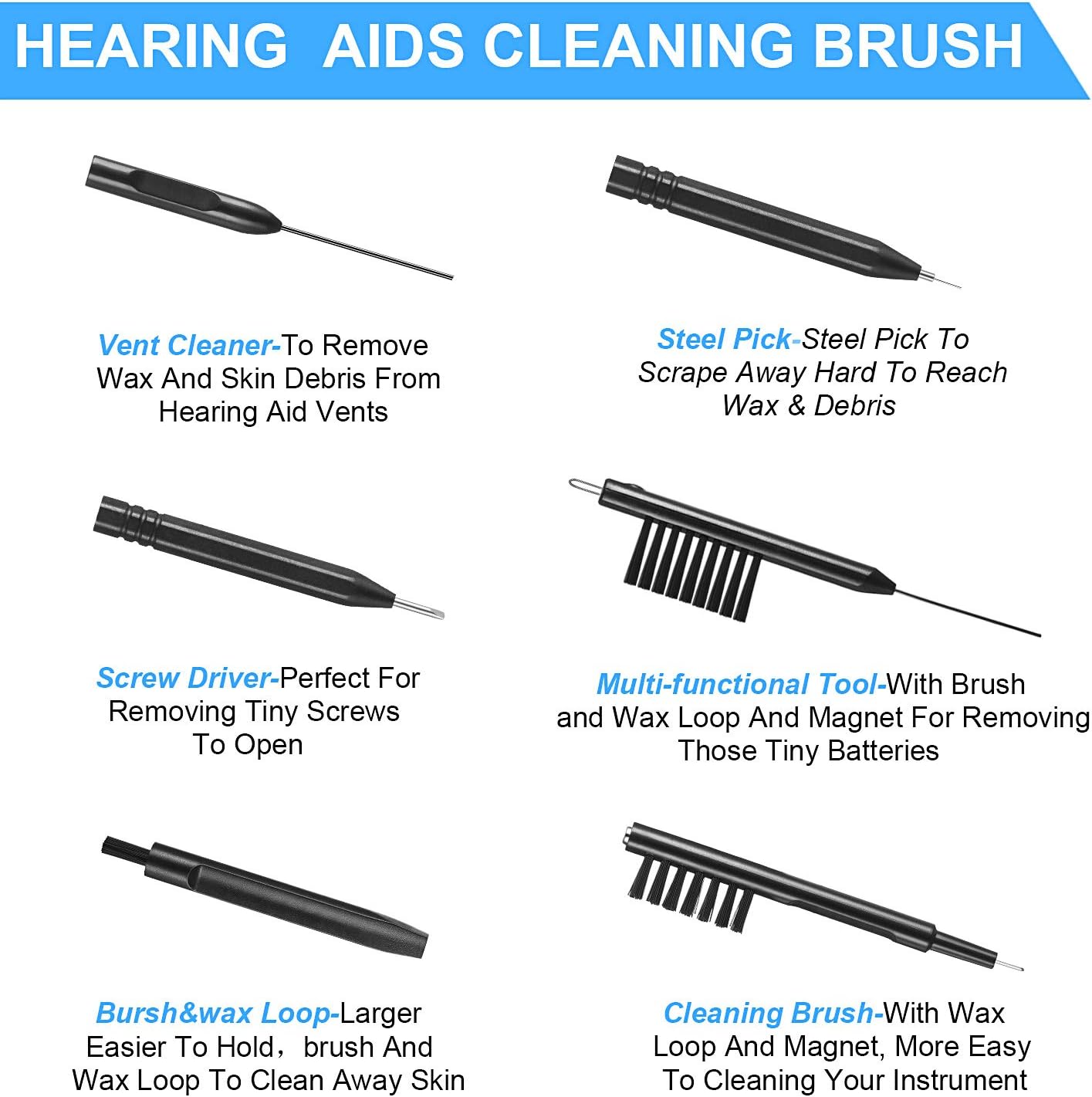 7 Piece Hearing Aid Cleaning Kit with Magnet and Brush