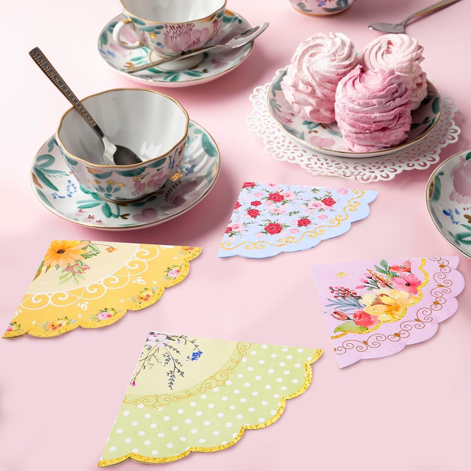 Floral Tea Party Napkins 100pcs Scalloped Decor