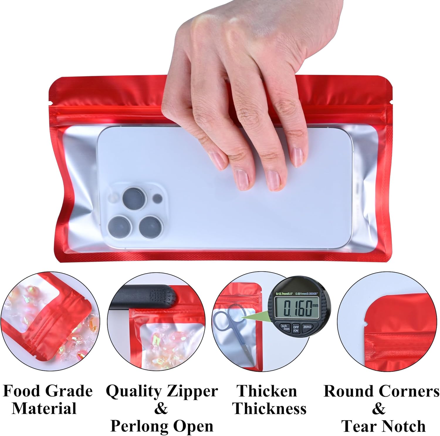 Millefiore Holographic Mylar Food Storage Bags 100PCS Red 5x86 Inch