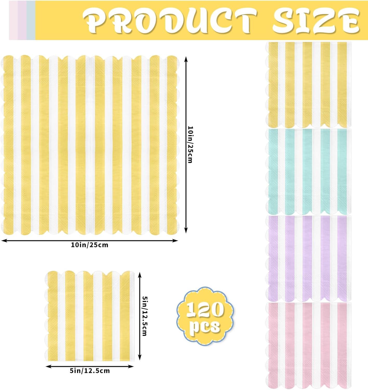 120 Pcs Striped Pastel Napkins 5x5 Inch Scalloped
