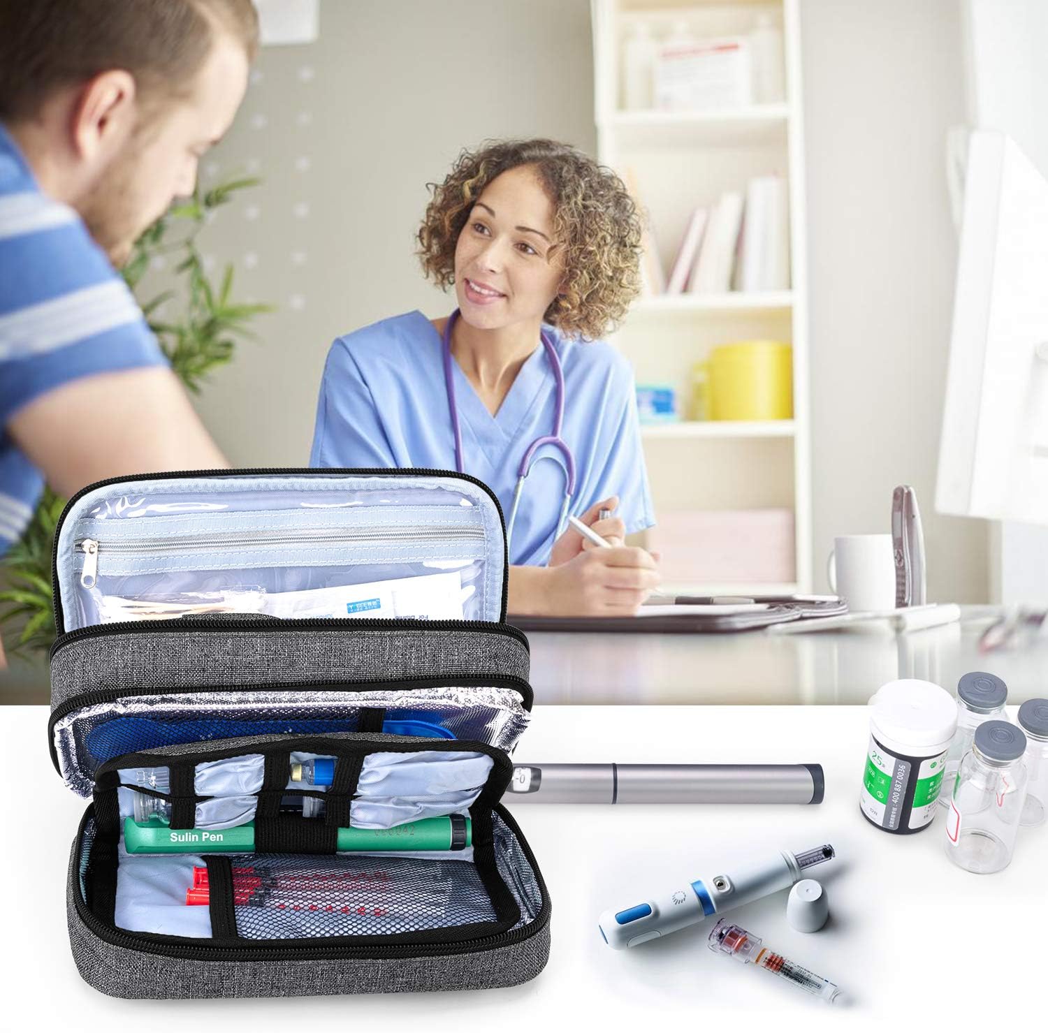Yarwo Insulin Cooler Travel Case with 4 Ice Packs Gray