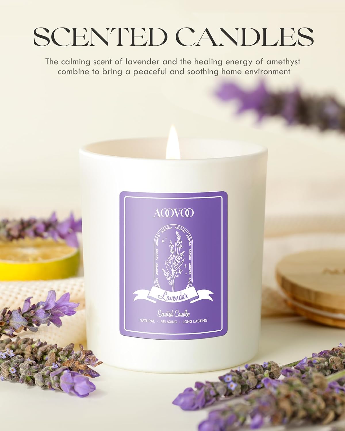AOOVOO Lavender Scented Candles with Crystals 10oz Soy Candles for Women