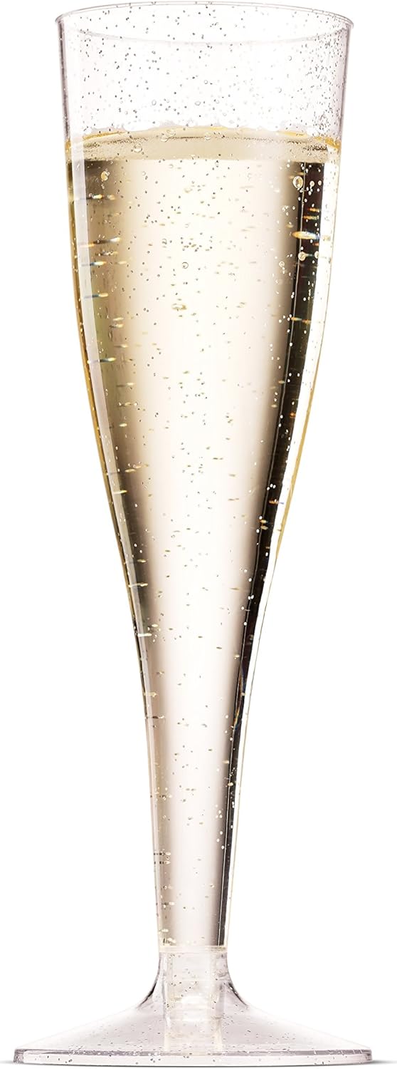 100 Plastic Champagne Flutes 5 Oz Disposable Silver Glitter Glasses for Parties