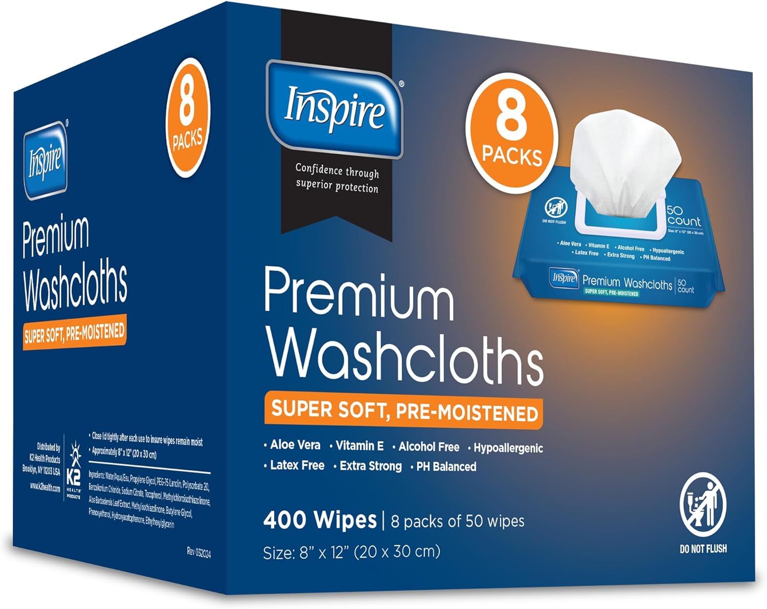 Inspire Adult Wet Wipes Oversized 8x12 Inches Pack of 8
