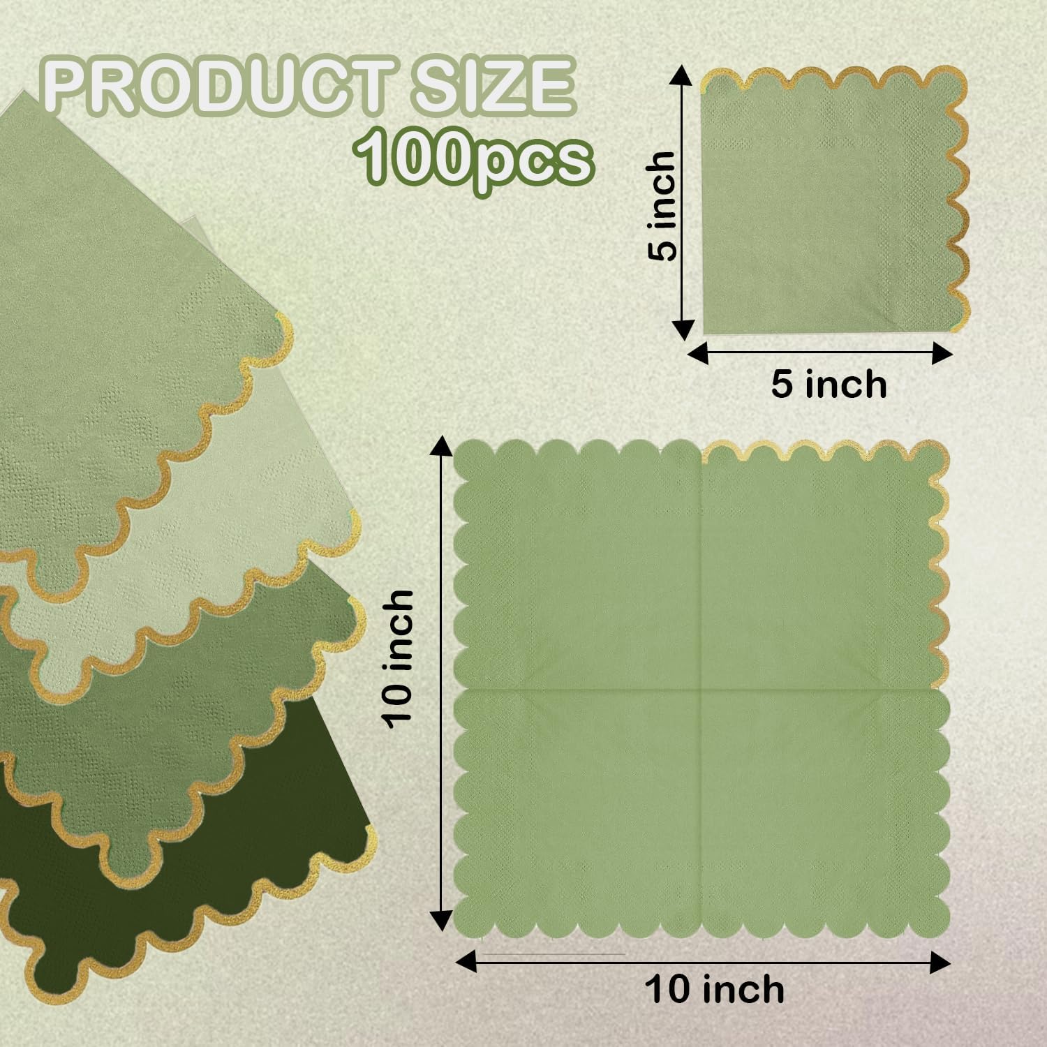 100 Pack Green Cocktail Napkins with Gold Foil Scalloped Edge