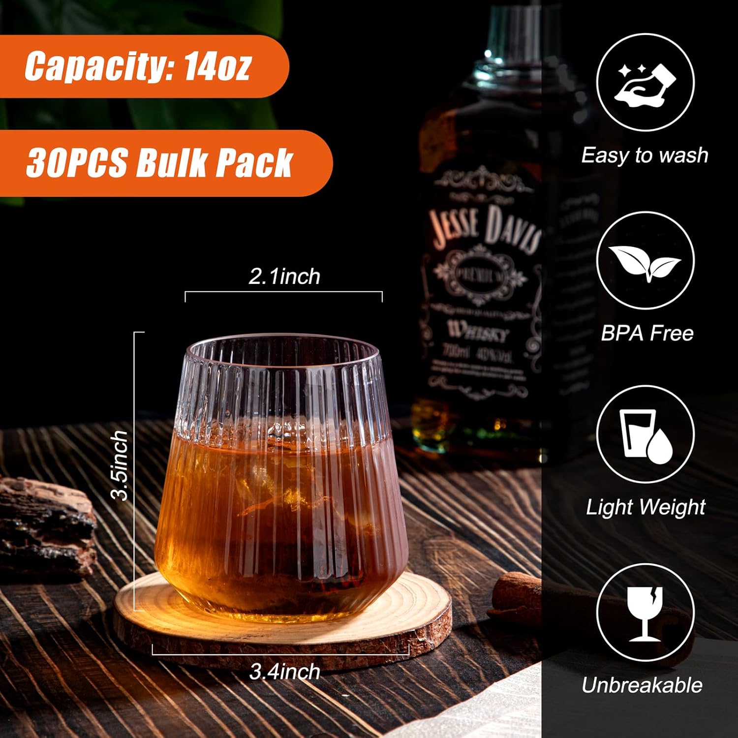 30 Pack Ribbed Plastic Wine Glasses for Home Parties