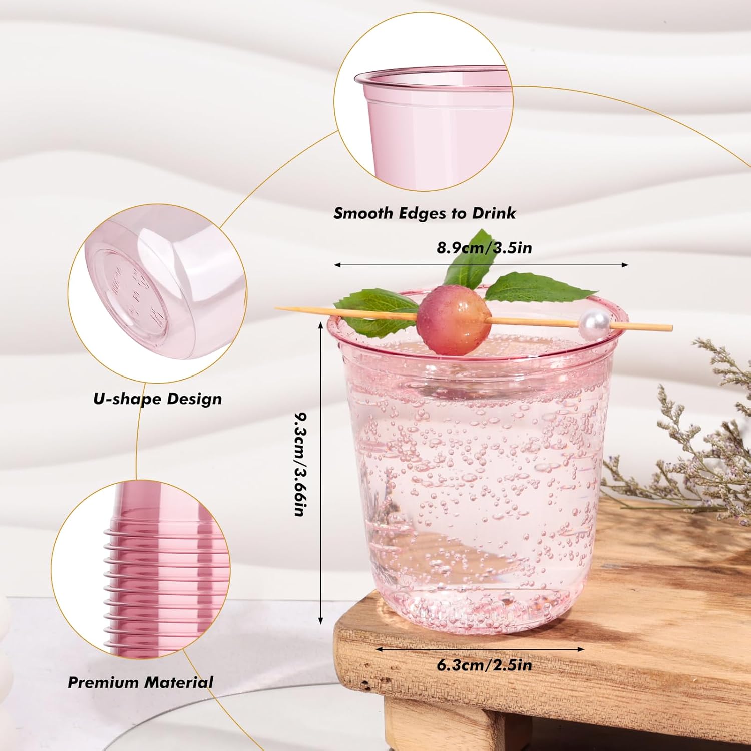 KesaPlan 50 Pcs Pink Plastic Cups 12oz Wine Glasses