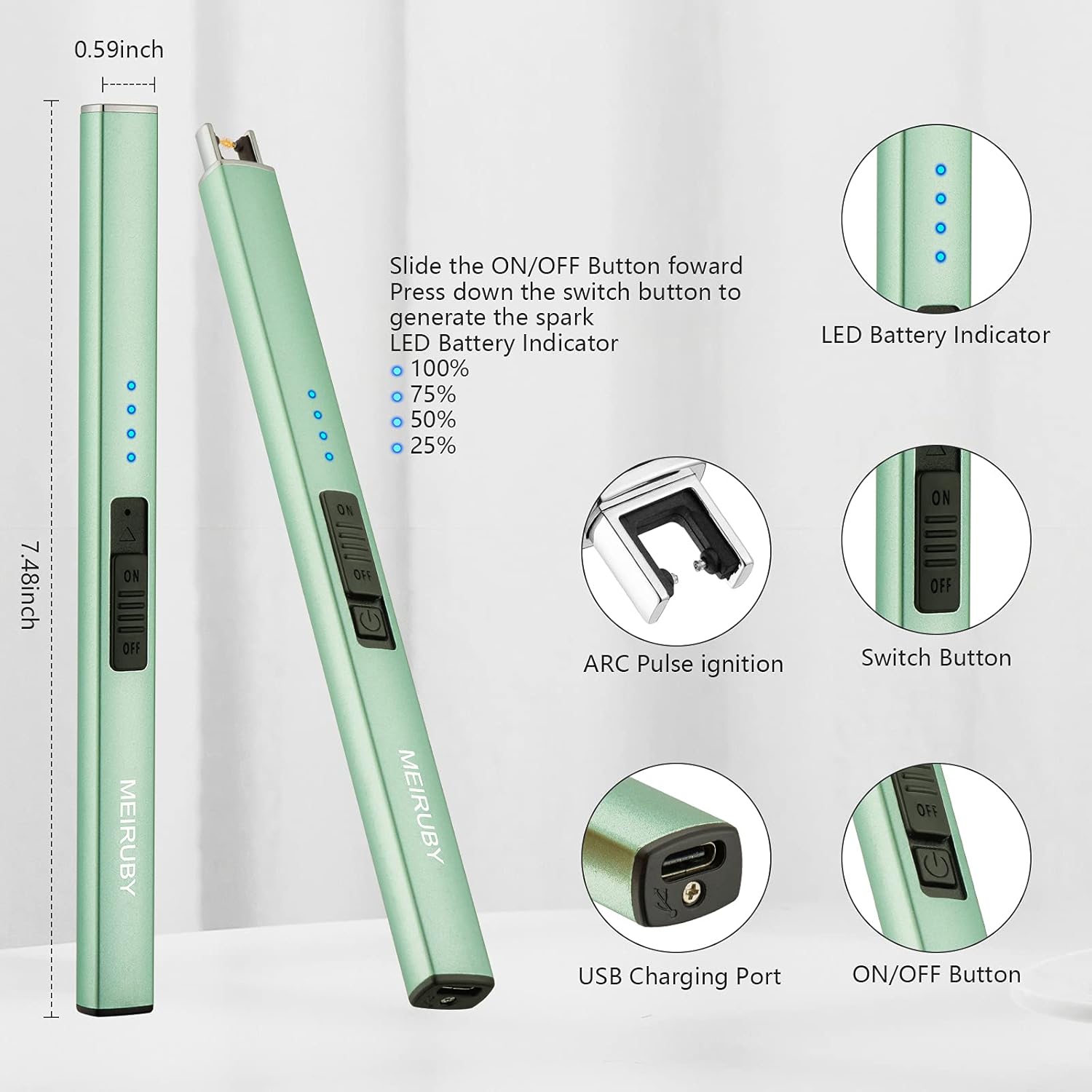 Electric Candle Lighter - Windproof Rechargeable Flameless Green USB