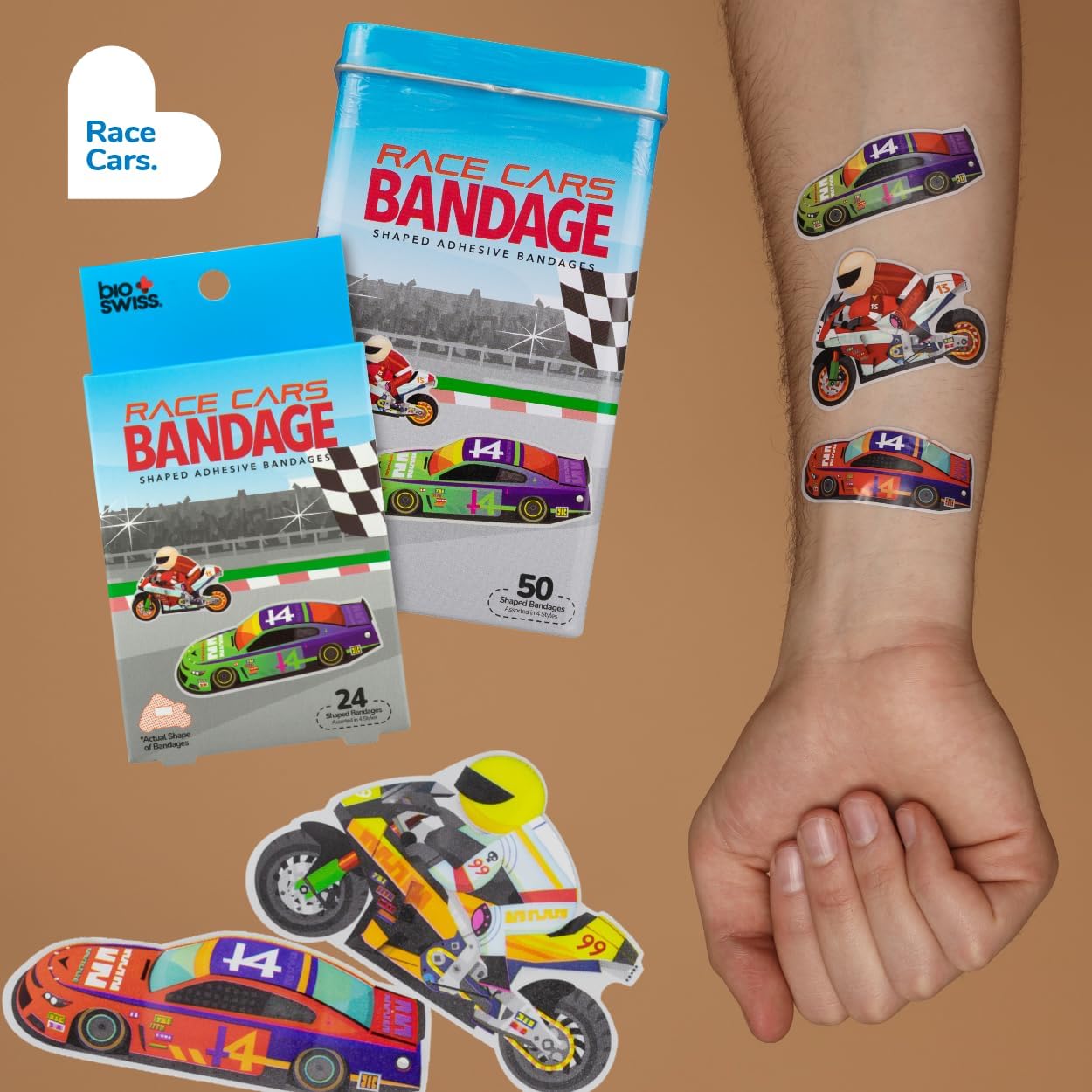 BioSwiss Adhesive Bandages Race Car Shaped 50 Count