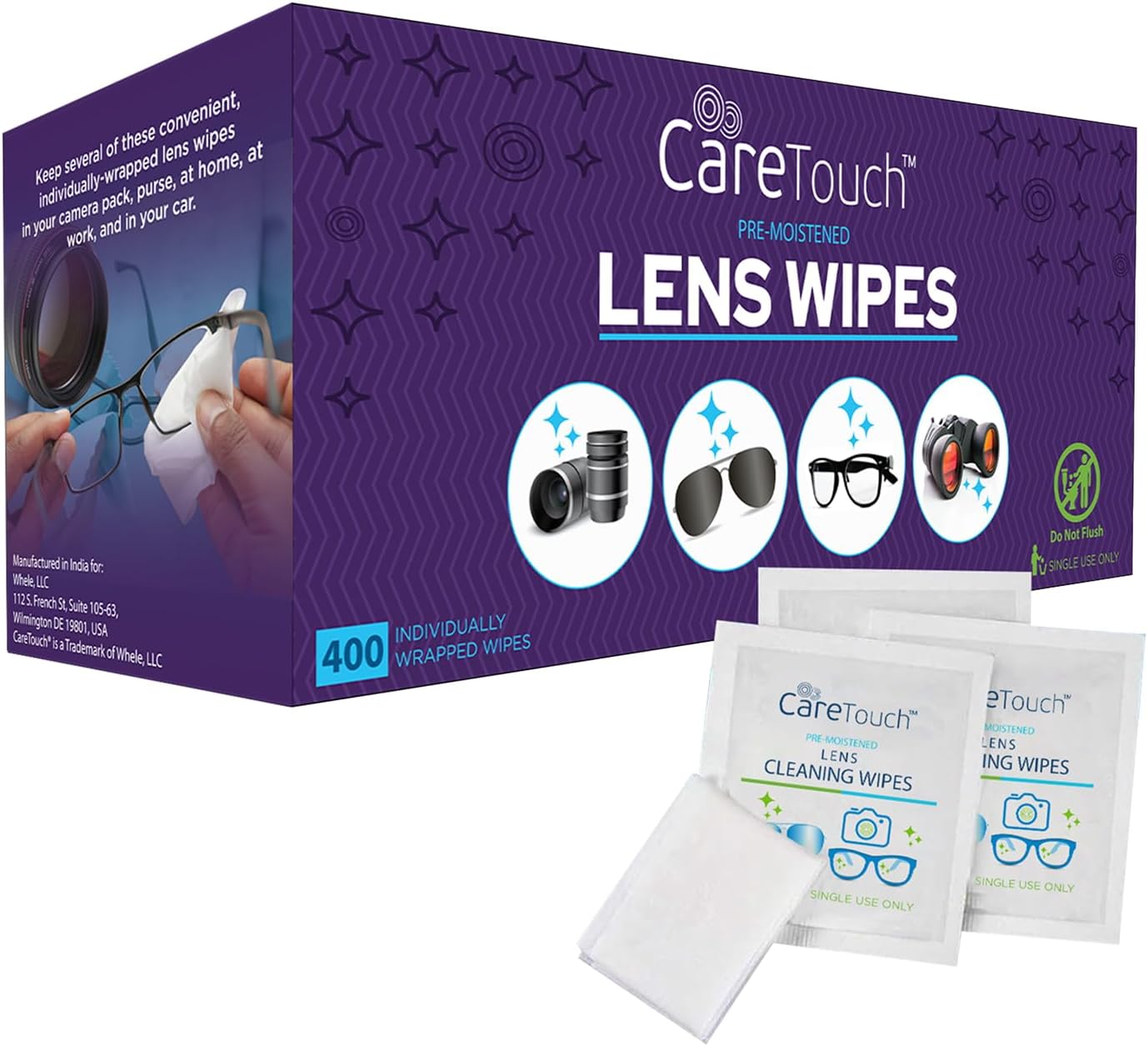 Care Touch Lens Wipes for Eyeglasses - 400 Count Portable Cleaners