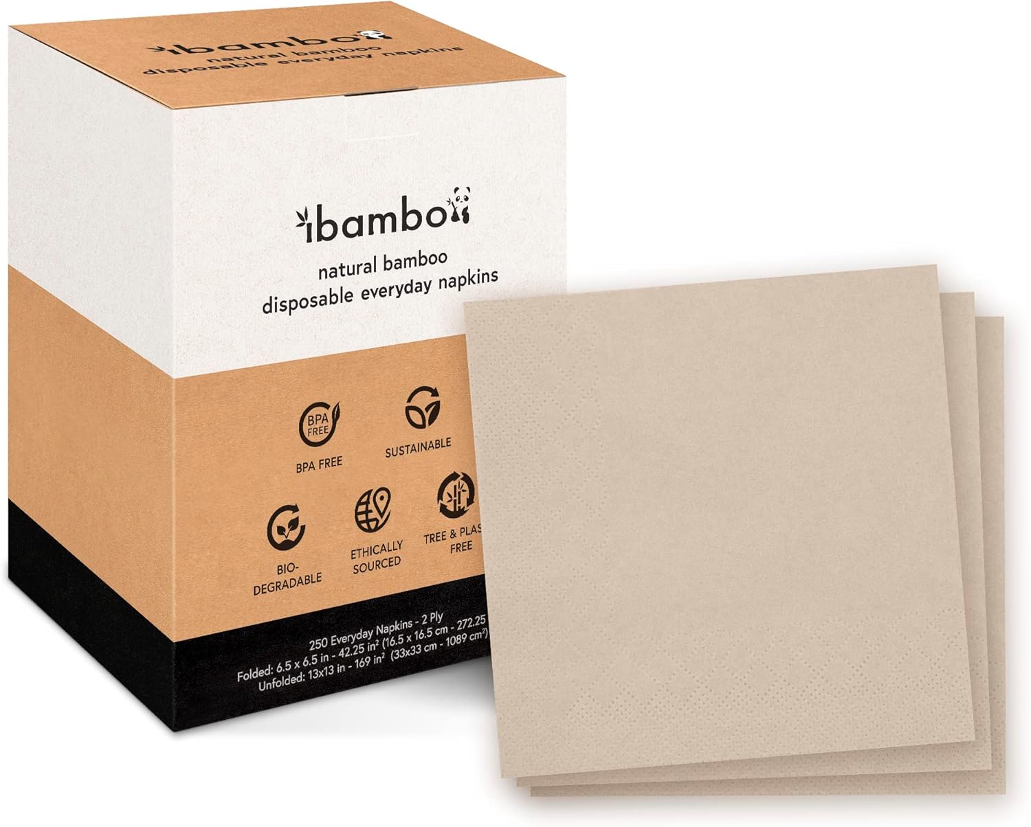 Bamboo Compostable Napkins 250-Pack 65x65 Inch 2-Ply FSC Certified