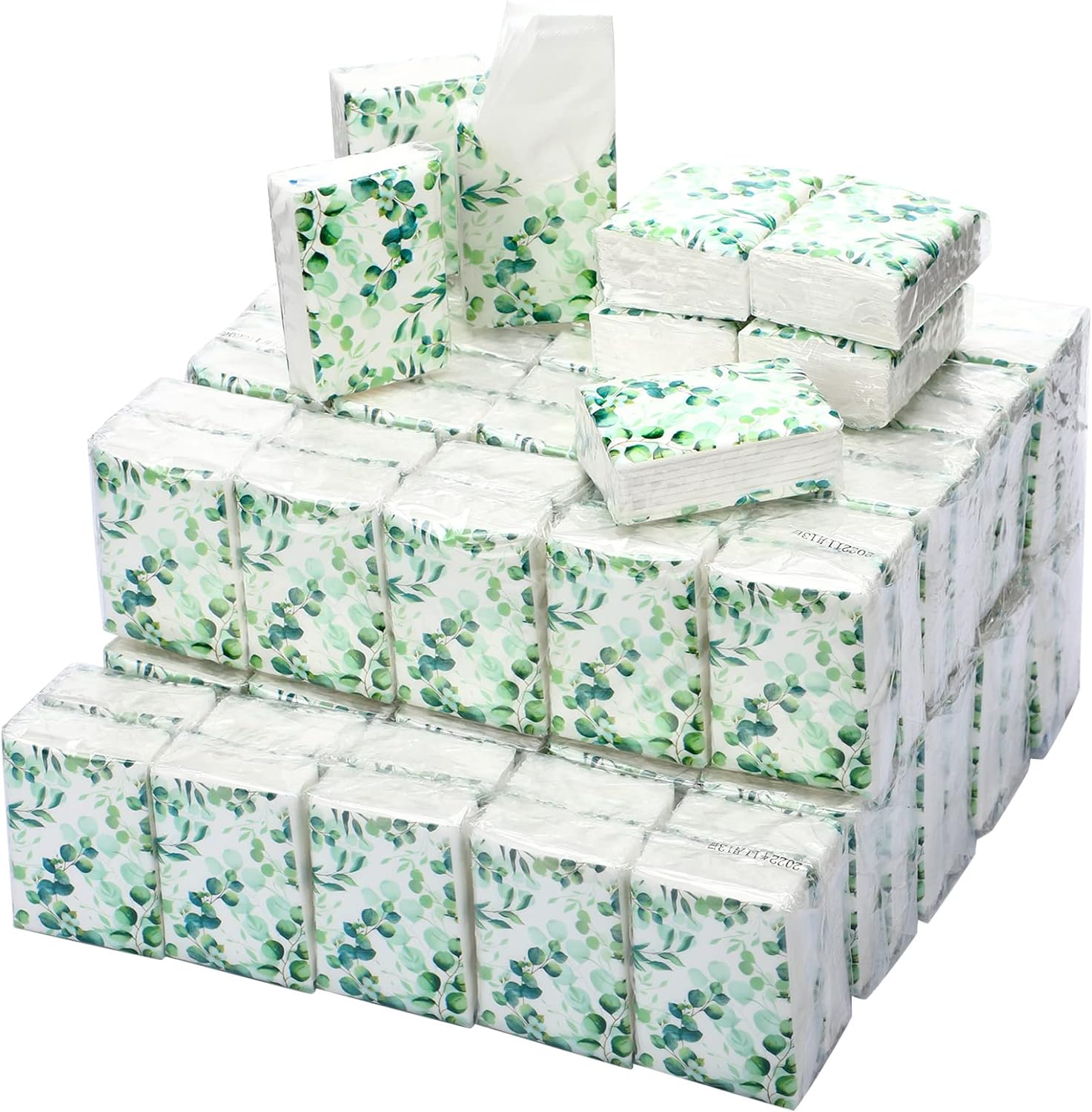 Geyee 100 Pcs Travel Tissue Packs 3 Ply Eucalyptus Leaves Design