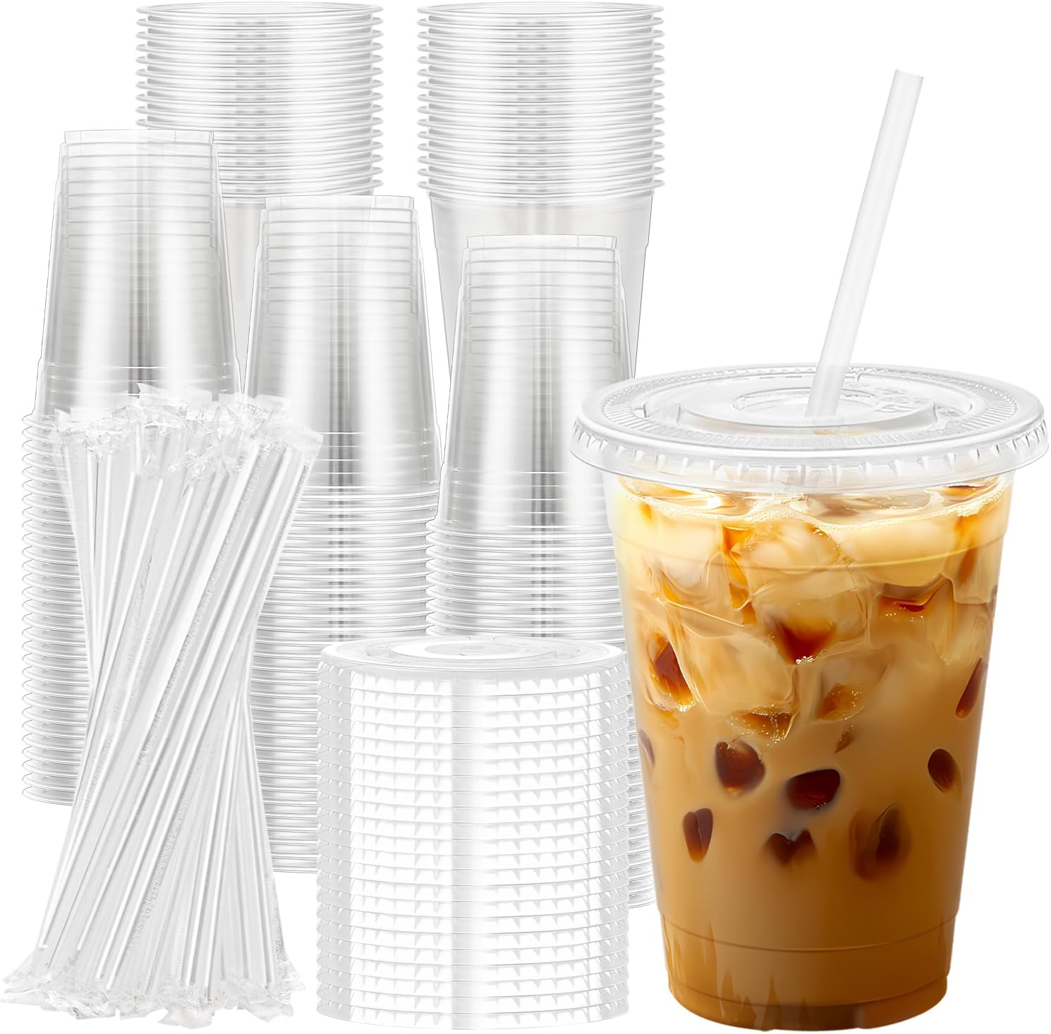 Lamosi 100 Pack 16 oz Clear Plastic Cups with Lids and Straws