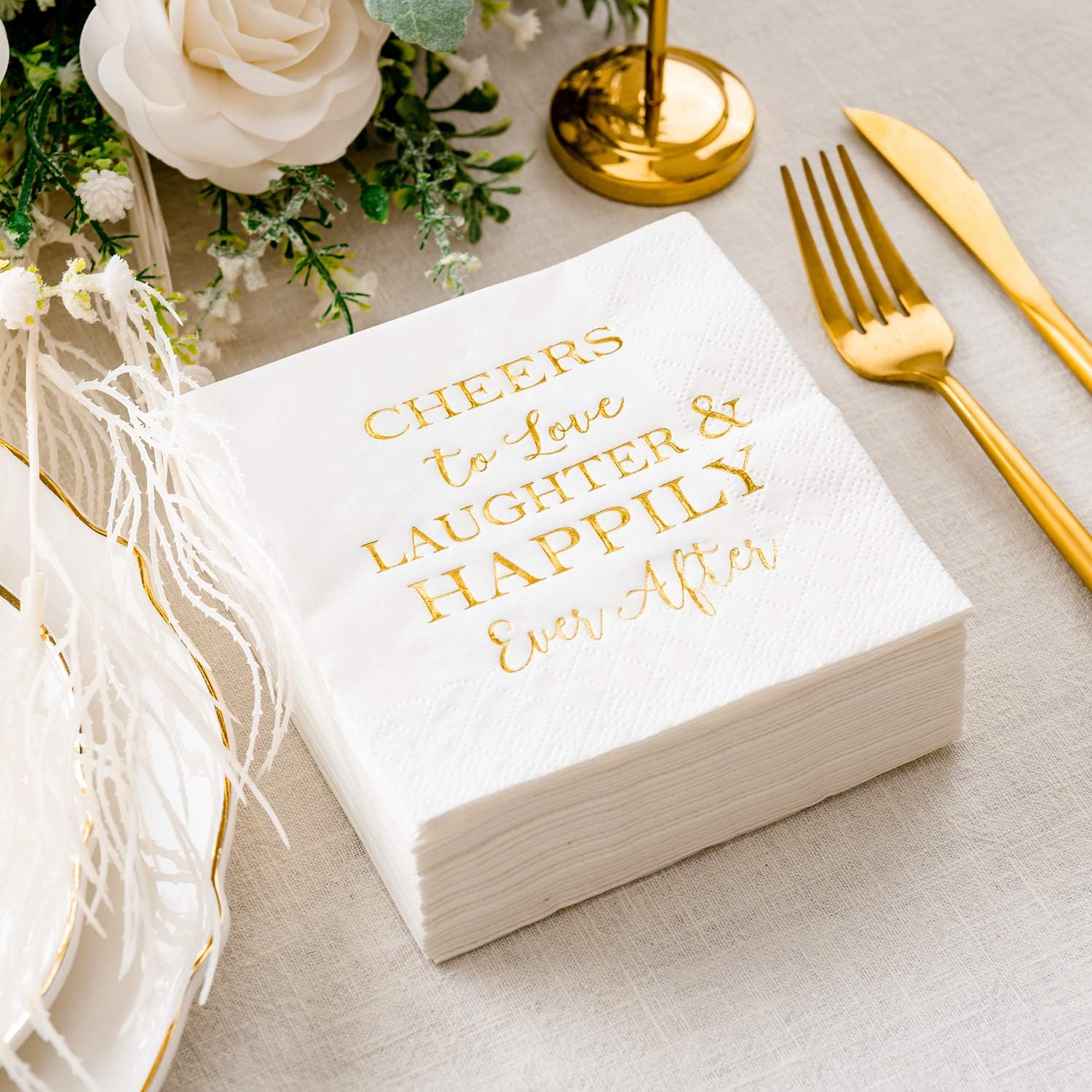 Crisky 50 Count Gold Foil Text Napkins for Wedding Engagement Parties
