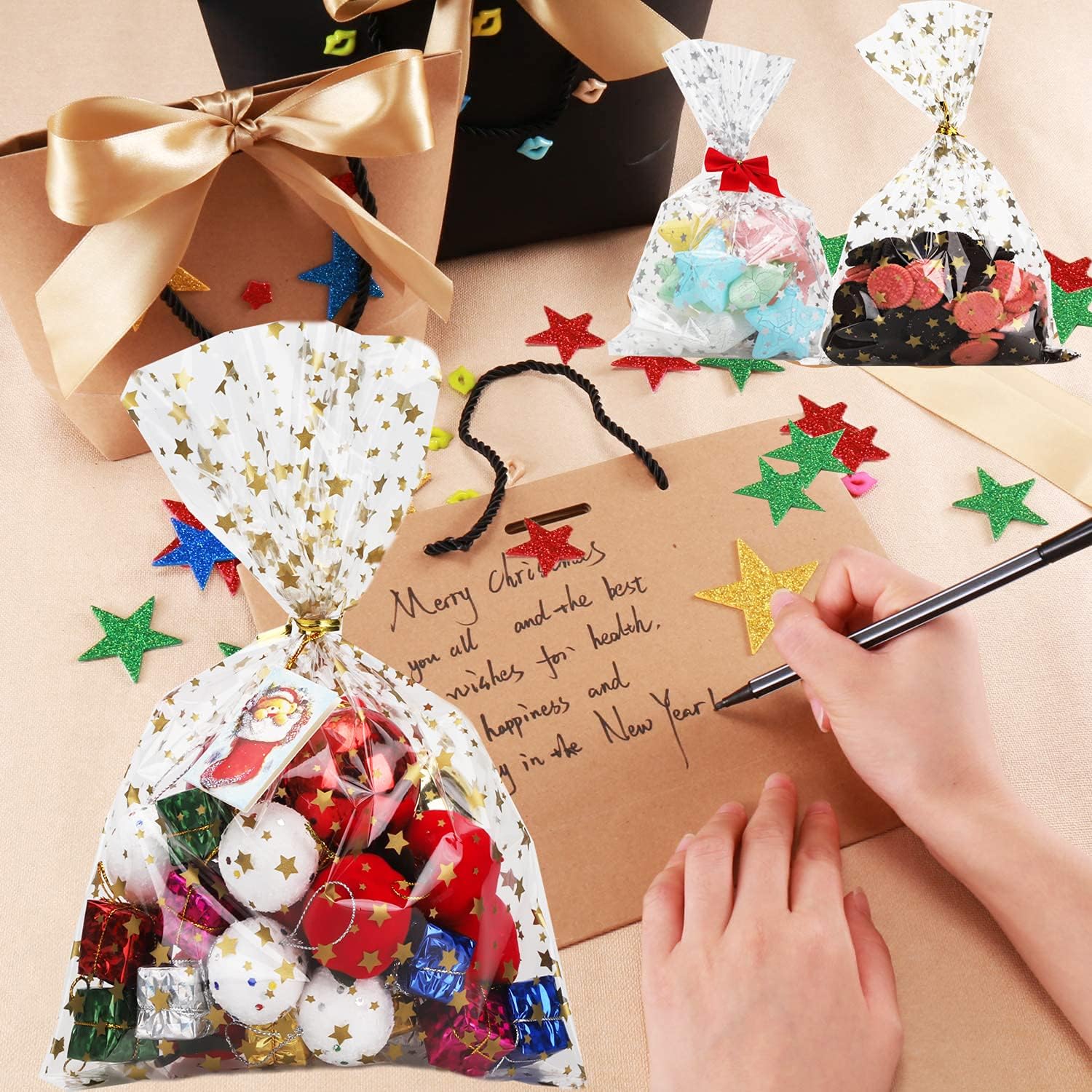 100 Pcs Gold Star 5X7 Gift Wrap Cello Bags