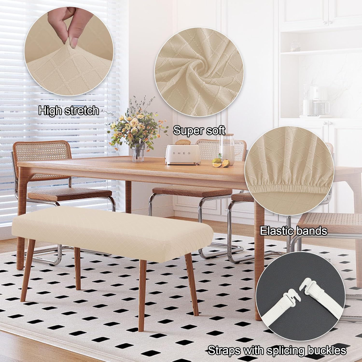 Stretch Bench Covers with Anti-Slip Strap and Jacquard Pattern Argyle Cream