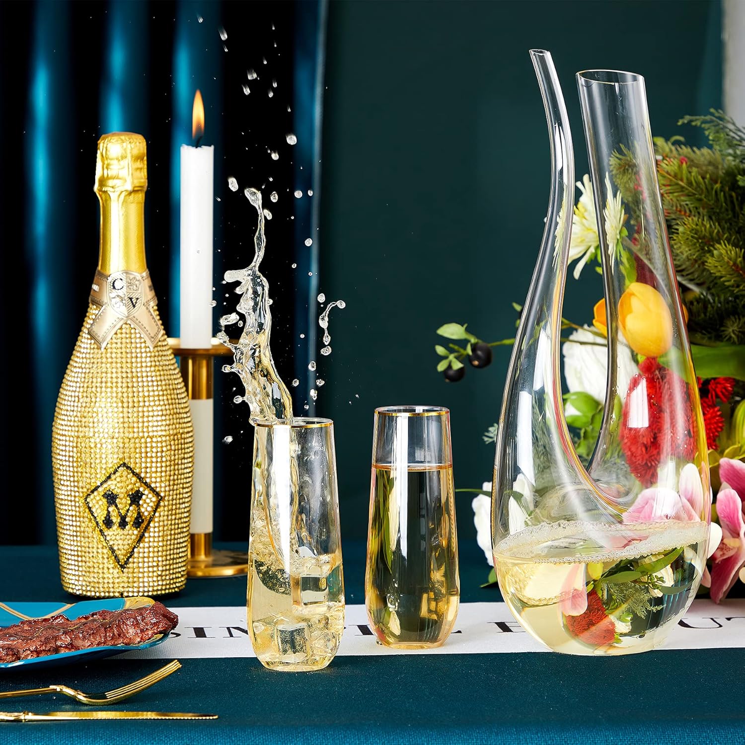 N9R 24PCS Plastic Champagne Flutes 9 Oz Stemless Gold Rim Toasting Glasses