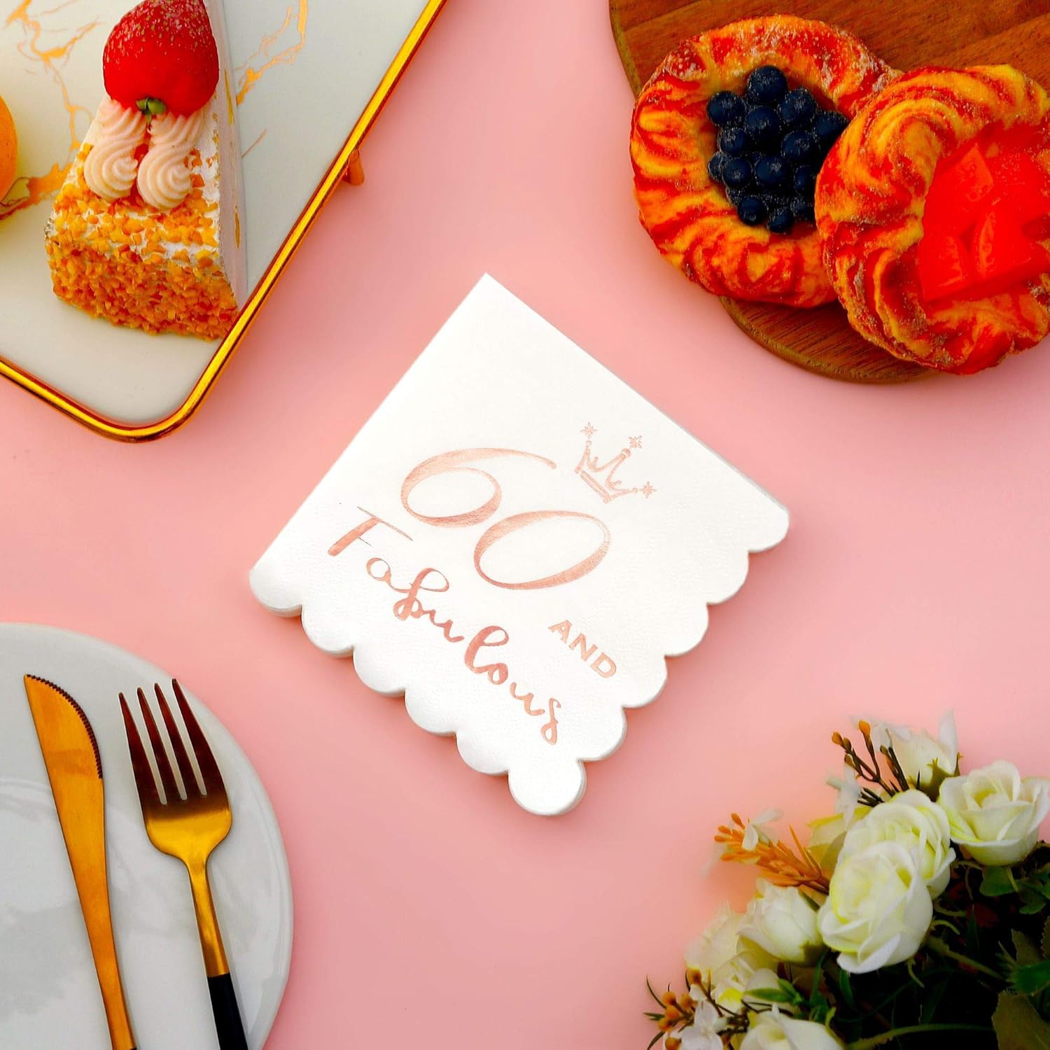 60 and Fabulous Cocktail Napkins Rose Gold