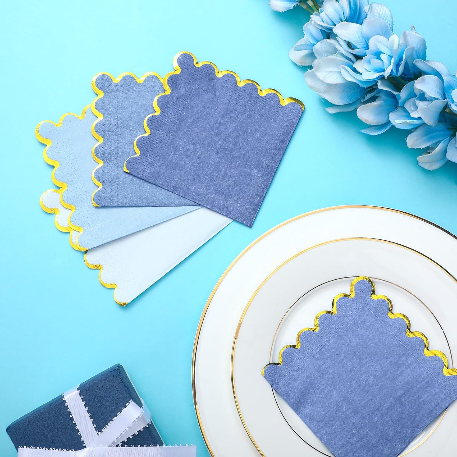 100 Pack Scalloped Blue Cocktail Napkins with Gold Foil