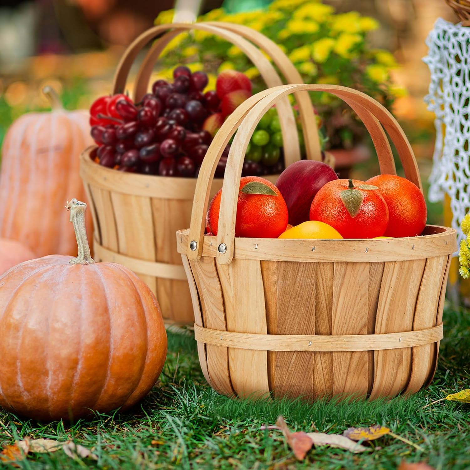 Marsui 6 Pcs Large Wooden Apple Basket with Handle