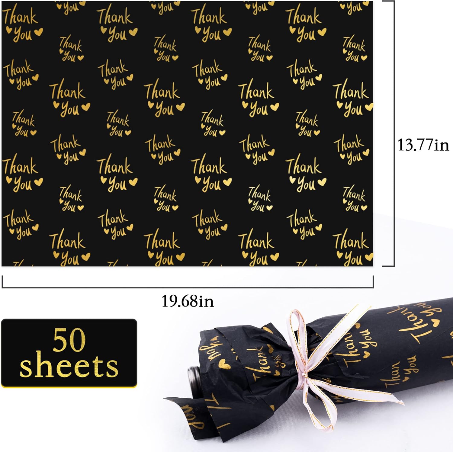 MR FIVE 50 Sheets Gold Thank You Tissue Paper Bulk