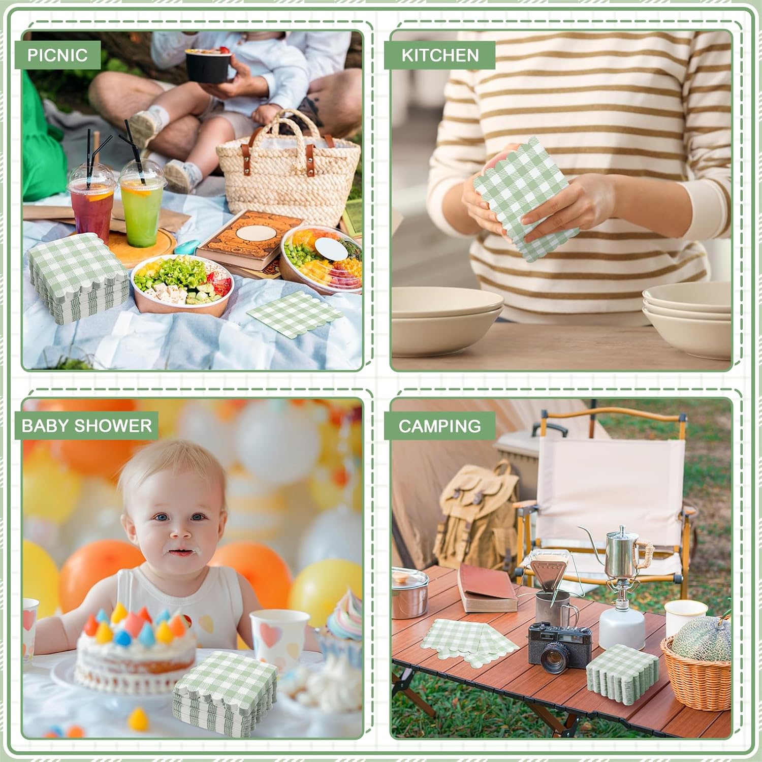 120 Pcs Green Gingham Napkins for Picnic Wedding and Baby Shower