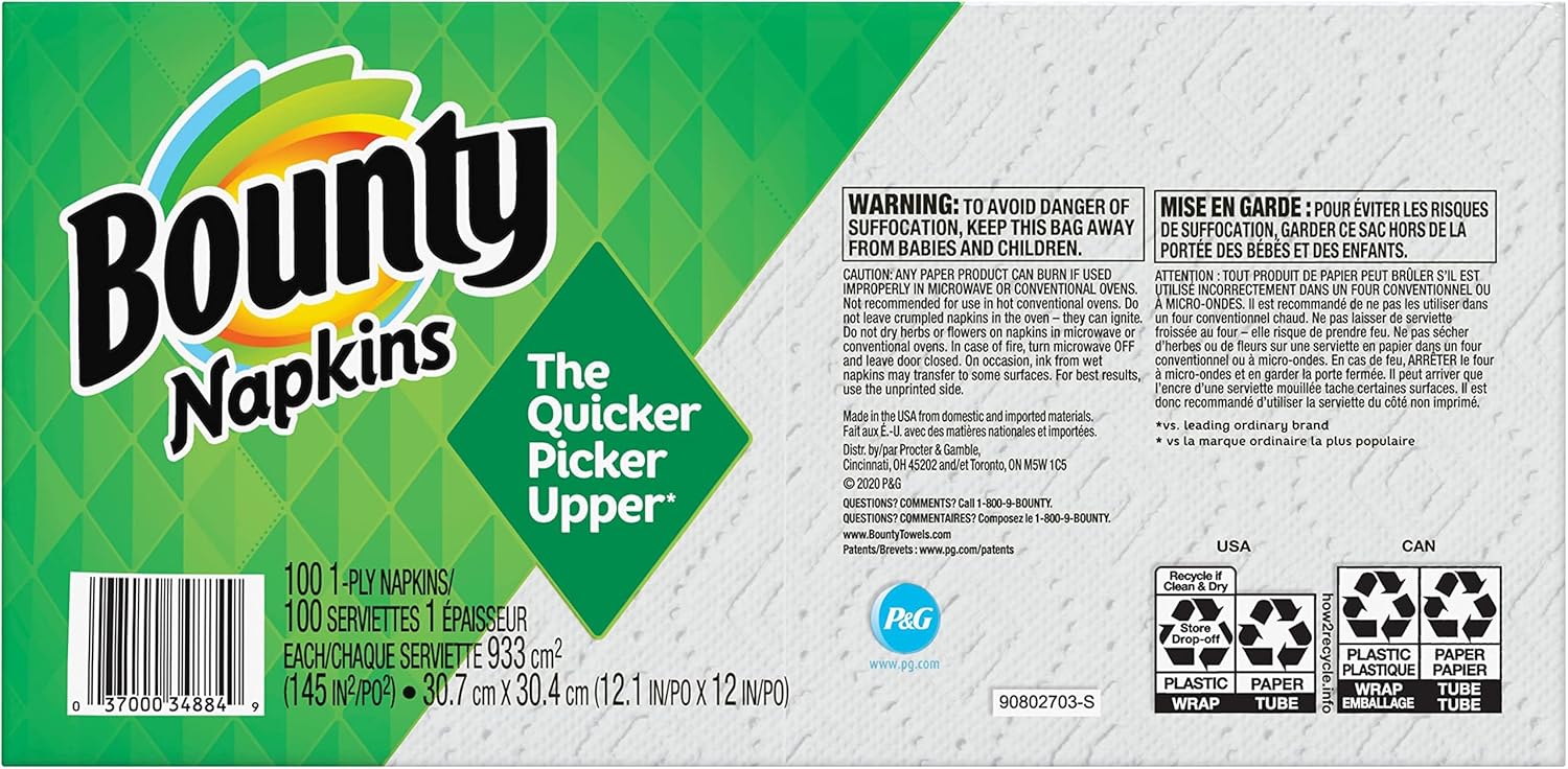 Bounty Quilted Napkins 1 Ply White 100 Pack