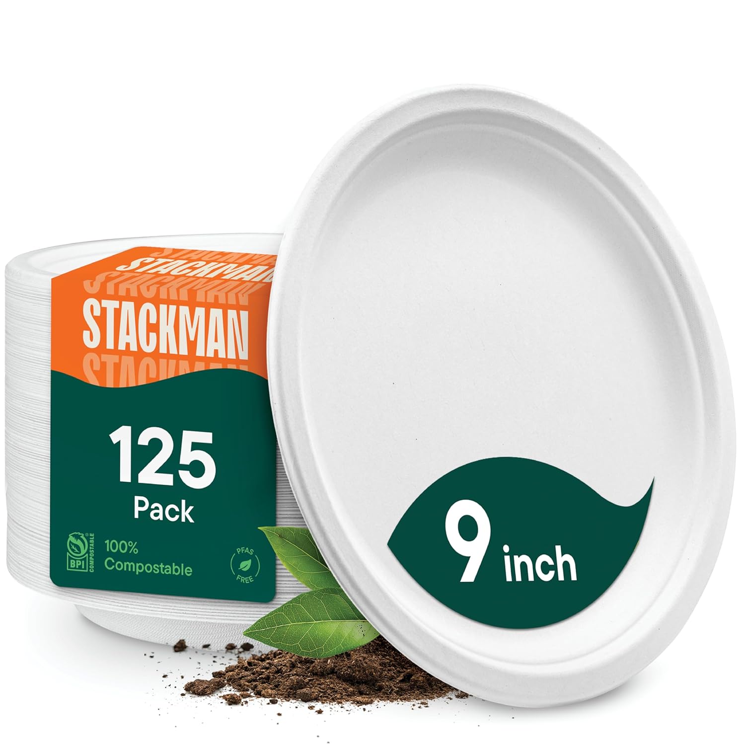Stack Man 100 Compostable 9 Inch Paper Plates 125-Pack