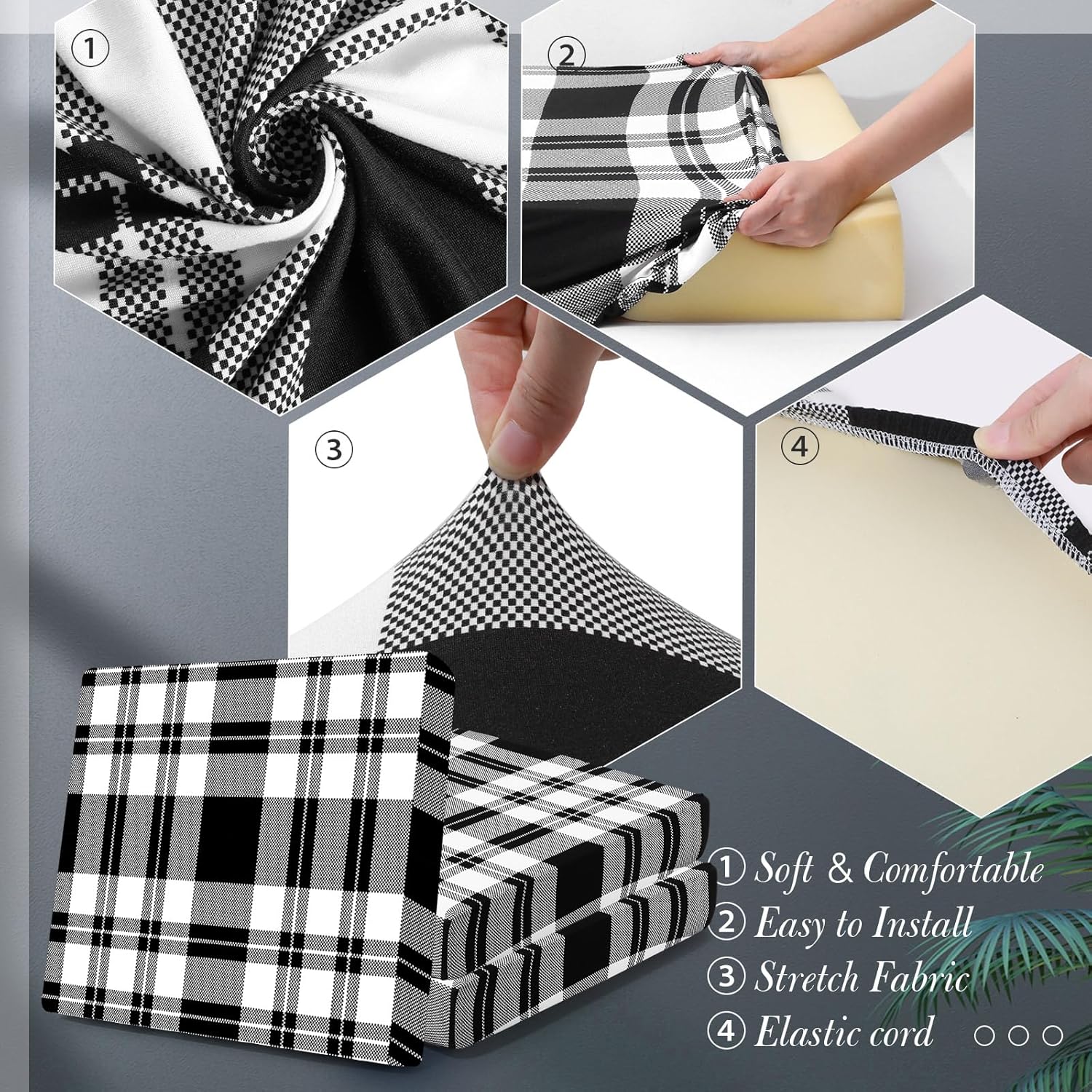 Newwiee 8 Pcs Stretch Plaid Chair Cushion Covers