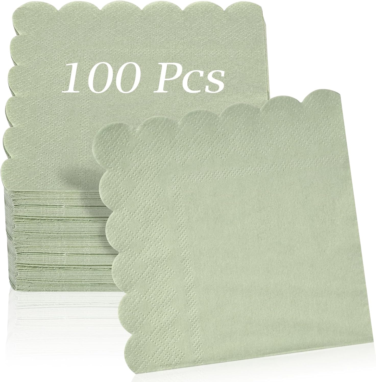100 Pcs Sage Green Scalloped Napkins