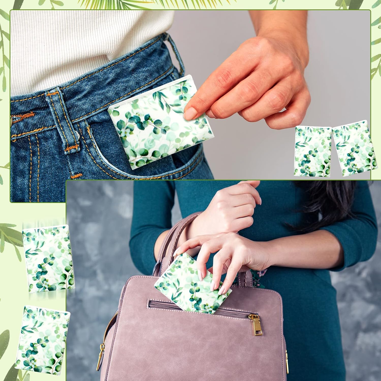 Geyee 100 Pcs Travel Tissue Packs 3 Ply Eucalyptus Leaves Design