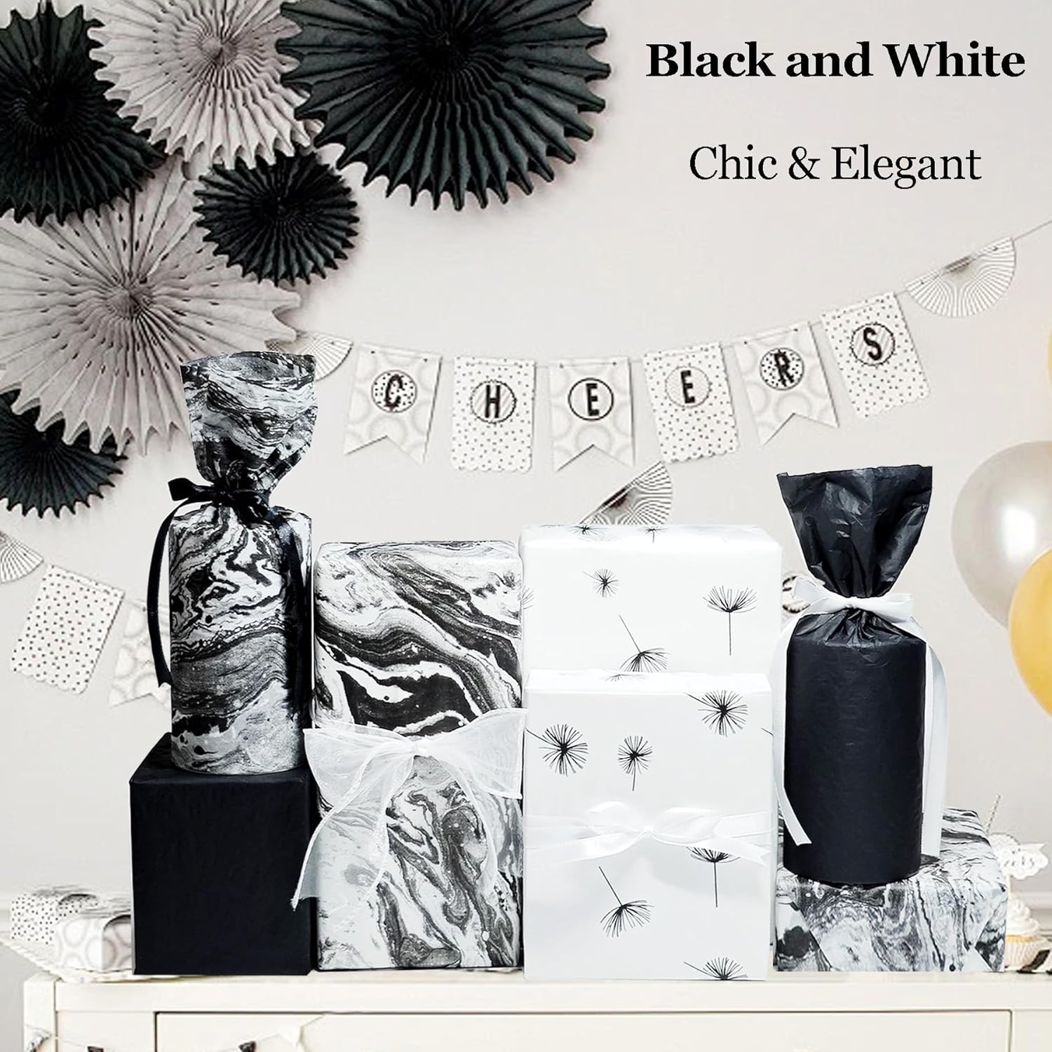 LIAPAWPAW 30 Sheet Black White Tissue Paper Wrapping