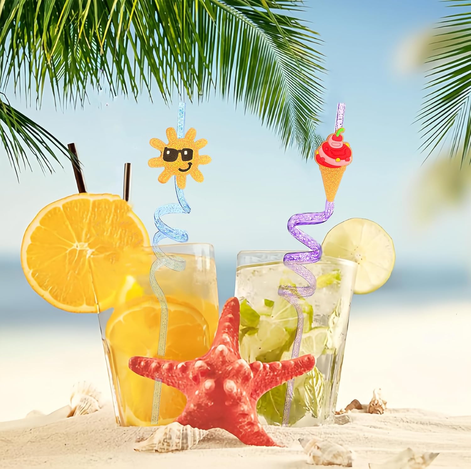 24 Glitter Drinking Straws with Beach Pattern and Brush